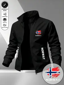 Men's New Dual Pocket Jacket, Norway Vintage Flag Print Sporty Outerwear, Long Sleeve Lapel Zipper Top, All Seasons Fitted Style