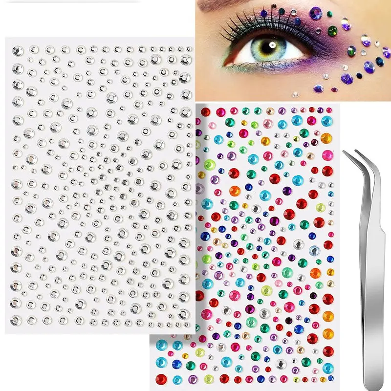 3 Pcs Face Gems With Tweezers Self-Adhesive Face Gems and Pearls for Makeup, Festival Jewels for Halloween Rave Accessories Hair Gems, Rhinestone Stickers for Face, Eye, Makeup, Body