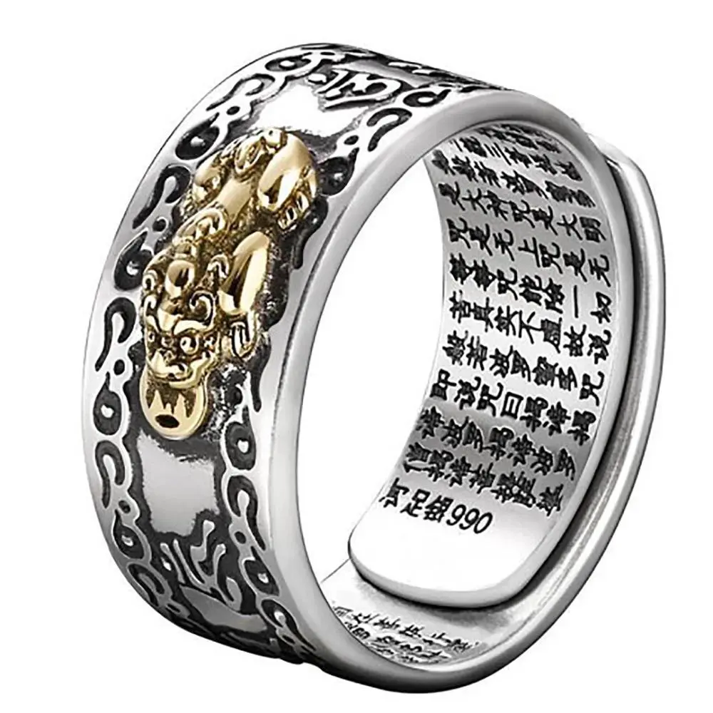 Feng Shui Pixiu Ring, Adjustable Brass Finger Jewelry with Buddhist Mantra, Lucky Amulet for Good Luck and Wealth, Unisex Protection Charm