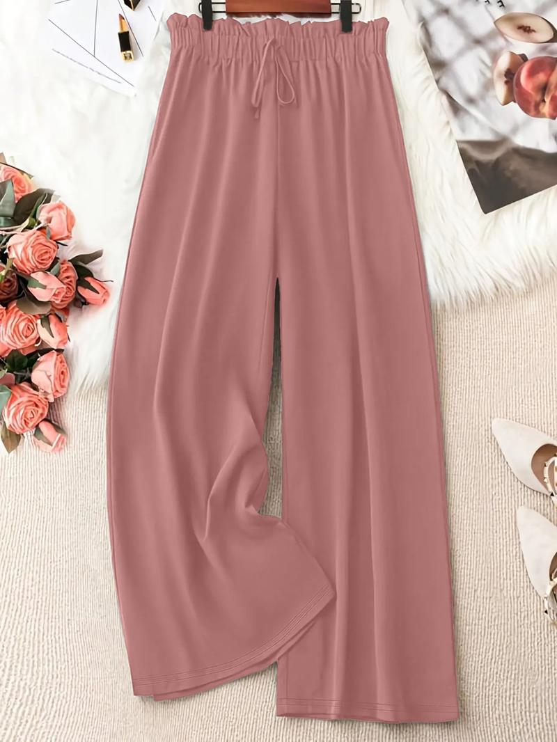 Plus Size Solid Knot Front Elastic Waist Wide Leg Pants, Casual Style Loose Trousers for Daily Wear, Women's Bottoms for Spring & Summer, Womenswear