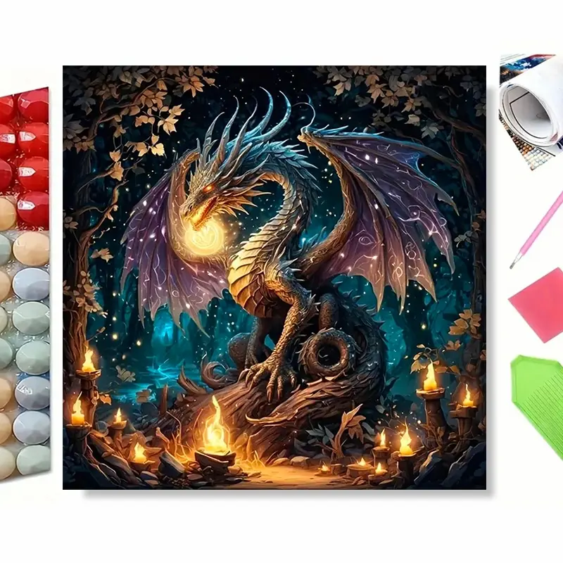 DIY 5D Diamond Painting Kit, Mythical Dragon Holding Glowing Magic Sphere, Sparkling Purple Patterned Wings, Perched on Old Tree Trunk, Burning Candles in Enchanted Dark Autumn Forest, Fantasy‑themed Diamond Art, Home Wall Decor Holiday Gift, DIY Kits