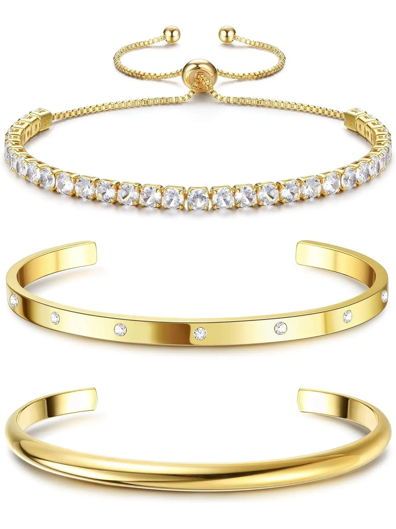 14K Gold Bracelets for Women Trendy Bangle Cuff Tennis Bracelets Set | 3 Pcs Adjustable Gold Bangles Bracelet for Daily Wear, Chunky Gold Plated Bracelet Stack, Stackable Bracelets, Tarnish Resistant, Hypoallergenic