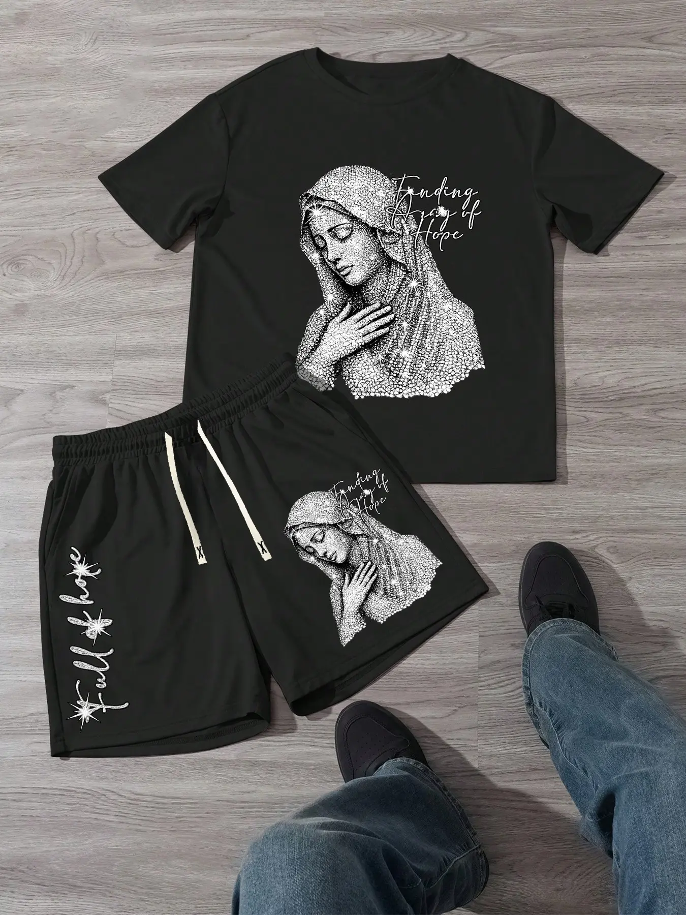 "Finding Hope" Virgin Mary Rhinestone Graphic 2-Piece Set, Edgy Spiritual Urban Style, Soft Breathable Premium Fabric, Ideal for Streetwear Enthusiasts & Faith-Inspired Fans, Daily Urban Outfits, Hangouts & Trendy Looks Celebrating Bold Vibes