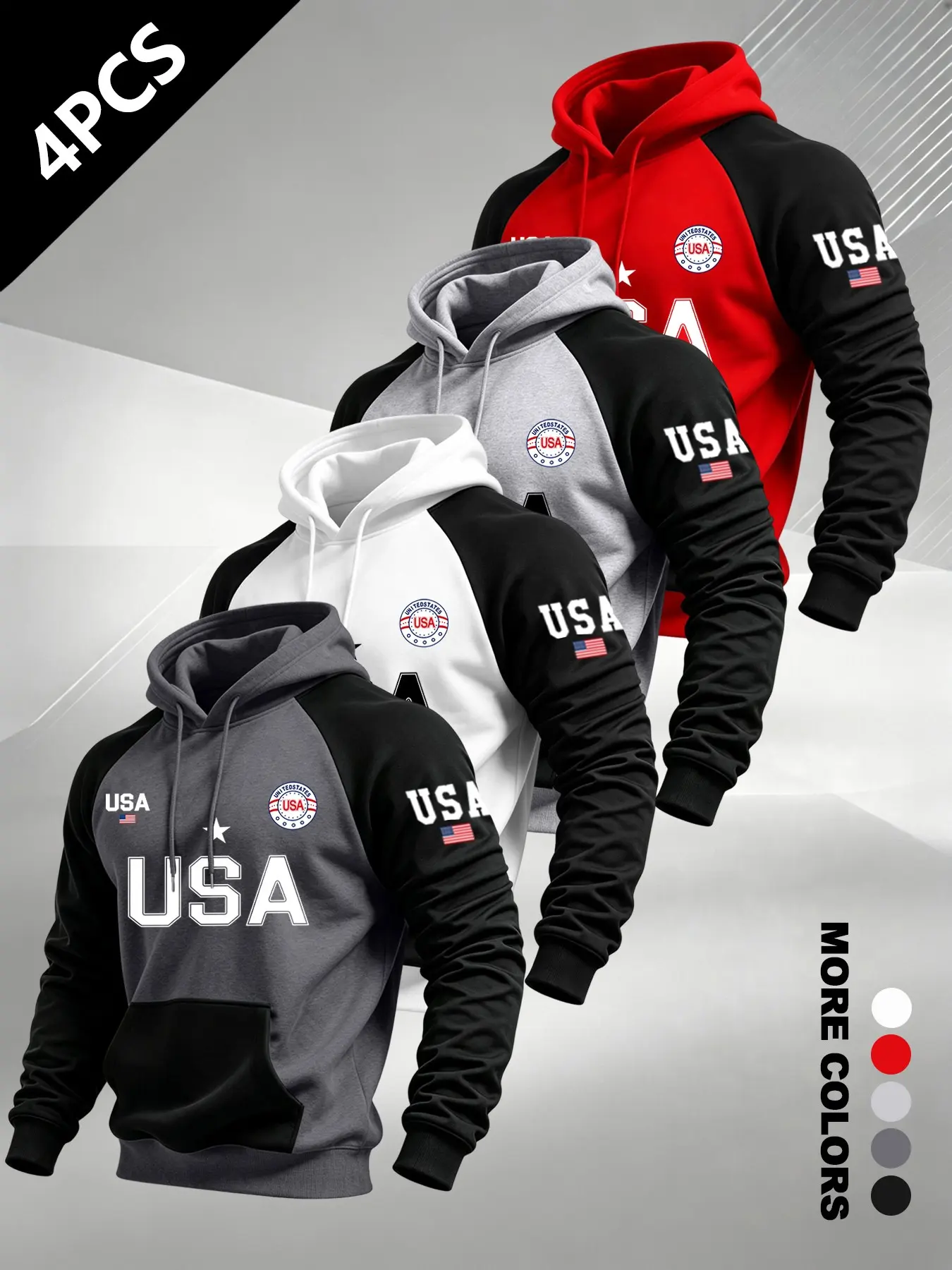 4-Pack Men's Patchwork Hoodie with Pockets, Trendy Letter Print, Medium Stretch, Ideal for Home, Commute, Fitness, Outdoor Leisure