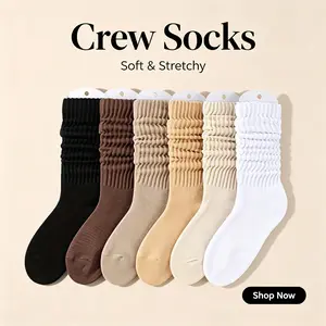 6 pairs multi-color mid-calf stacked socks in black, brown, khaki, white with pleated elements, soft and breathable fabric, fashionable and versatile item Womenswear