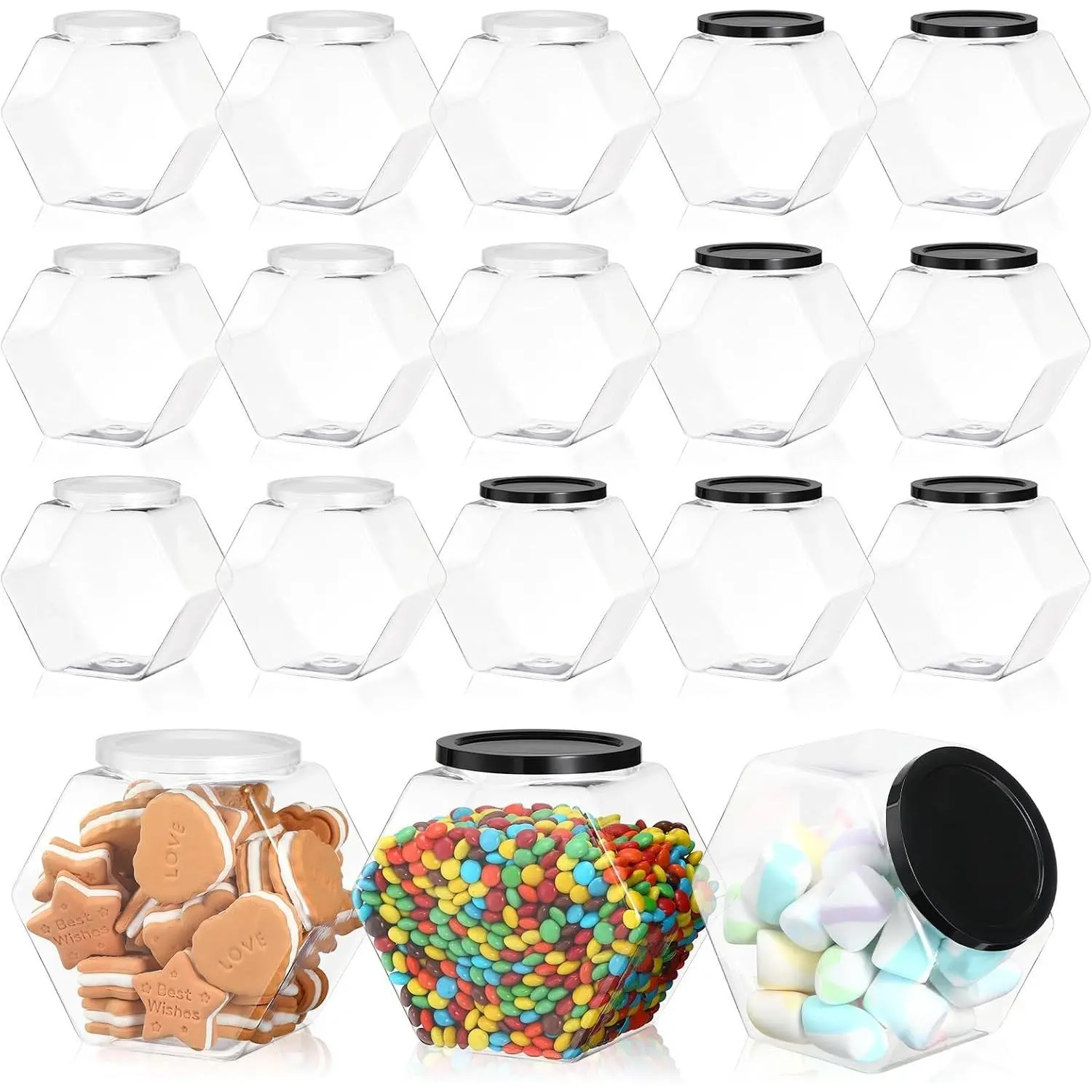 18 Pcs Plastic Candy Jar Hexagon Shaped Plastic Cookie Container with Lid 28 oz Clear Wide Mouth Storage Display Jar for Cookies Candy Snacks Paper Stars Laundry Dog Treats Gifts Storage