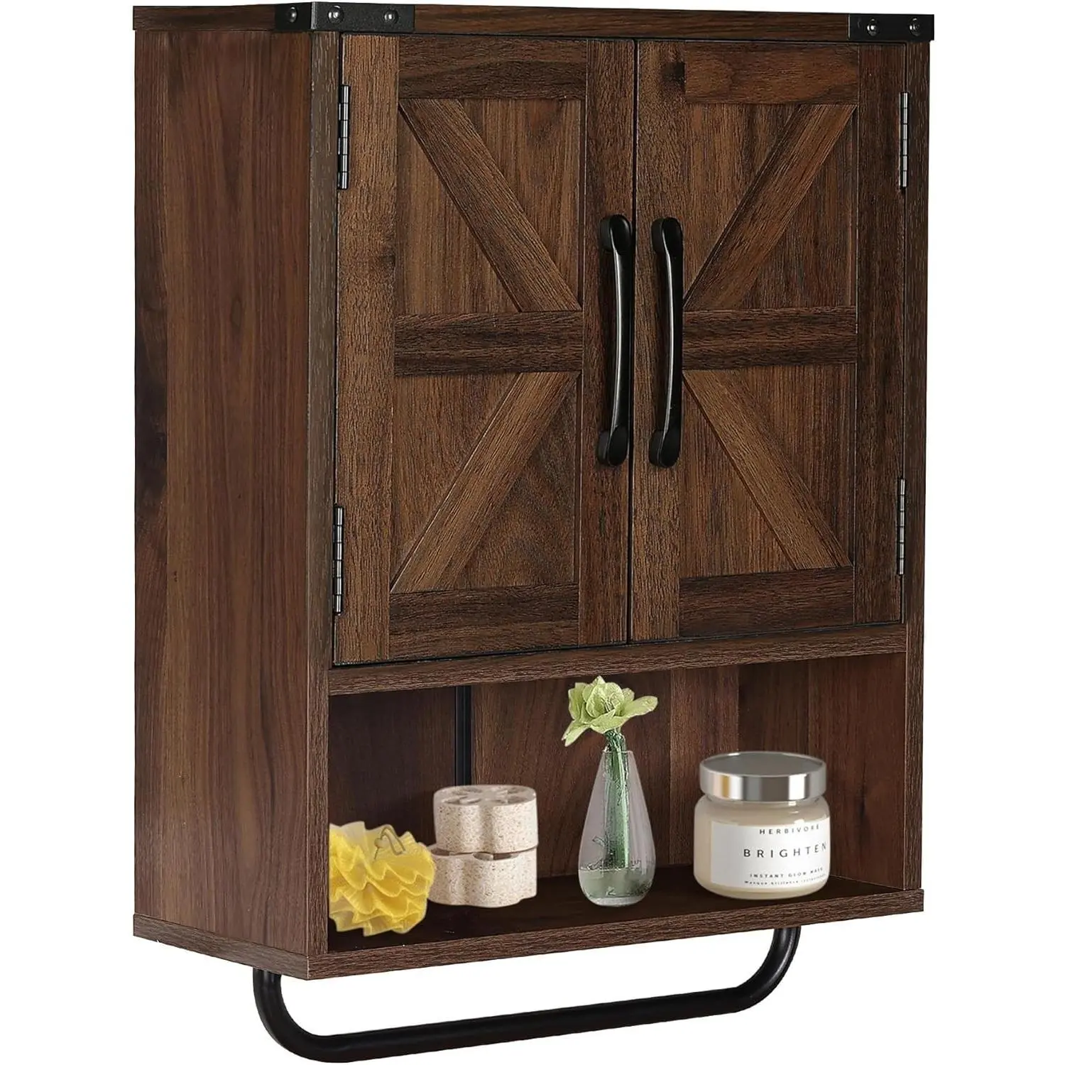 Farmhouse Wall Storage Cabinet with 2 Barn Door & Towel Rack | Rustic Mounted Medicine Cabinet with Adjustable Shelf, 3-Tier Wood Over the Toilet Storage Cabinets for Kitchen, Living Room