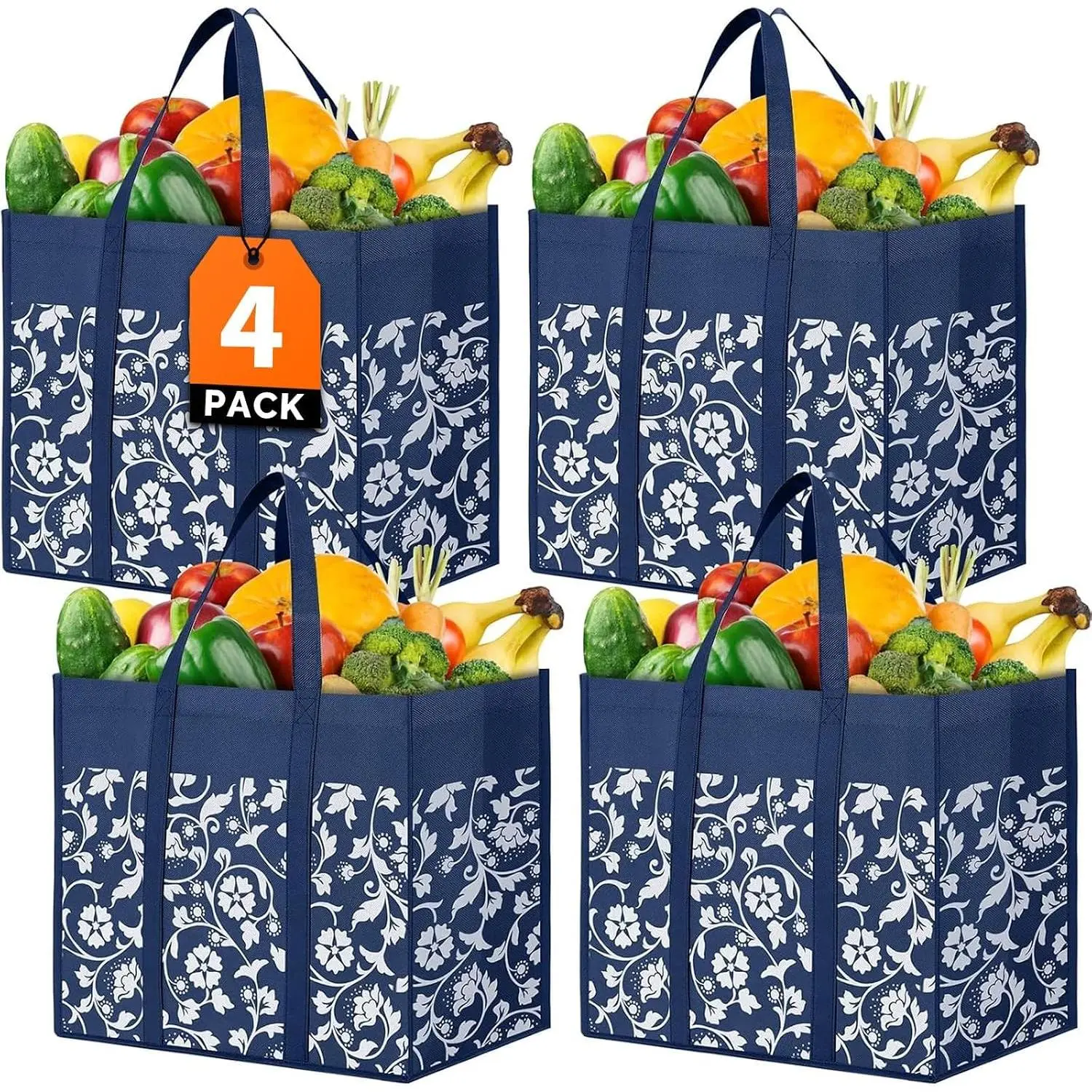 Grocery Bags Foldable Tote Bags Bulk with Reinforced Handles Shopping Bags for Groceries Heavy Duty Kitchen  Grocery Bags with  Coating 4-Pack, Blue
