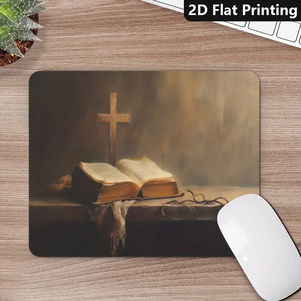 Cross with Open Book Mouse Pad, Desk Mat Durable And Comfortable - Laptop And Computer Desktop Additions - Office And Home Use, Non-Slip Desktop Mouse Pad