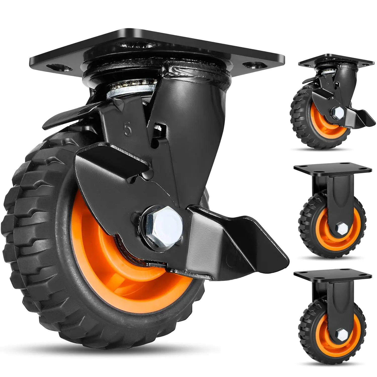 5 Inch Heavy Duty Caster Wheels Set of 4 (2  & 2 Fixed) 2200 Lbs Solid Rubber Never Flat -Terrain Swivel Casters w/Knobby Thread for Cart//Toolbox/Coop/Workbench/Shed/Grill