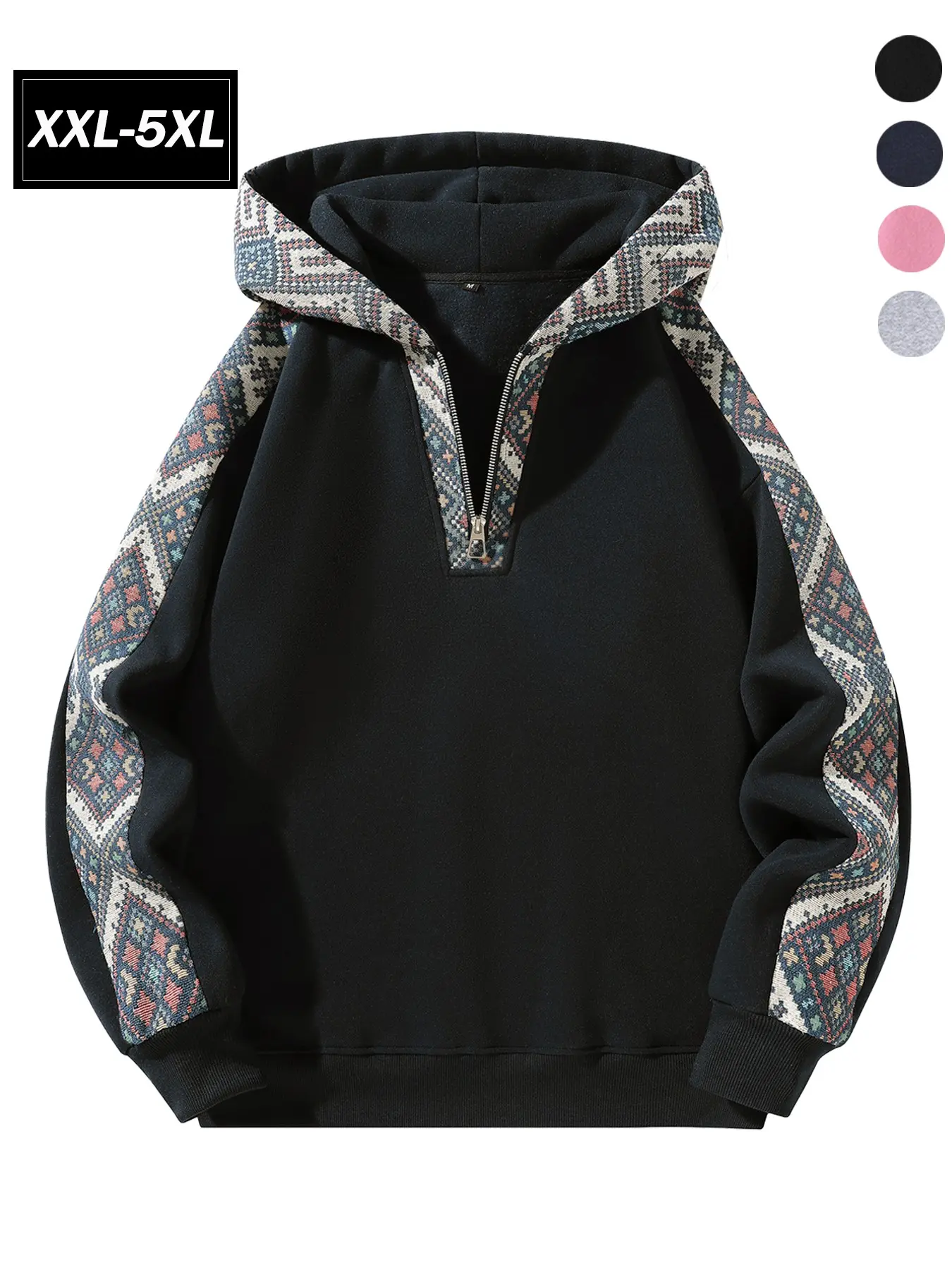 Men's Plus Size Fleece Hoodie, Ethnic Vintage Geometric Tribal Print, Aztec Patchwork Design, Casual Long Sleeve Sweatshirt, Xxl-5xl