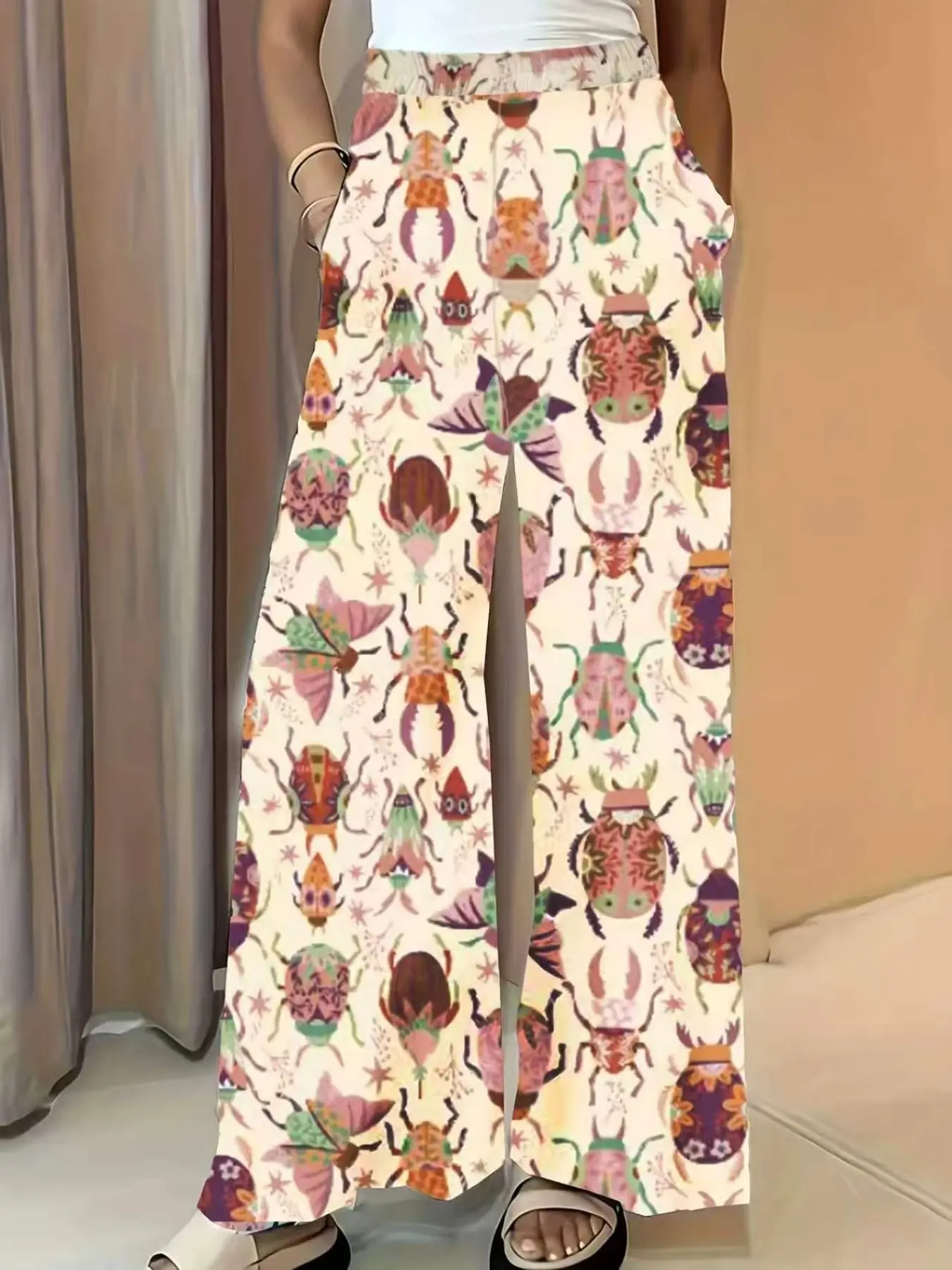 Women's Colorful Beetle Print Wide Leg Loose Pants, Comfortable Breathable Elastic Waist, Casual Vacation Wear, Trendy European and American Style
