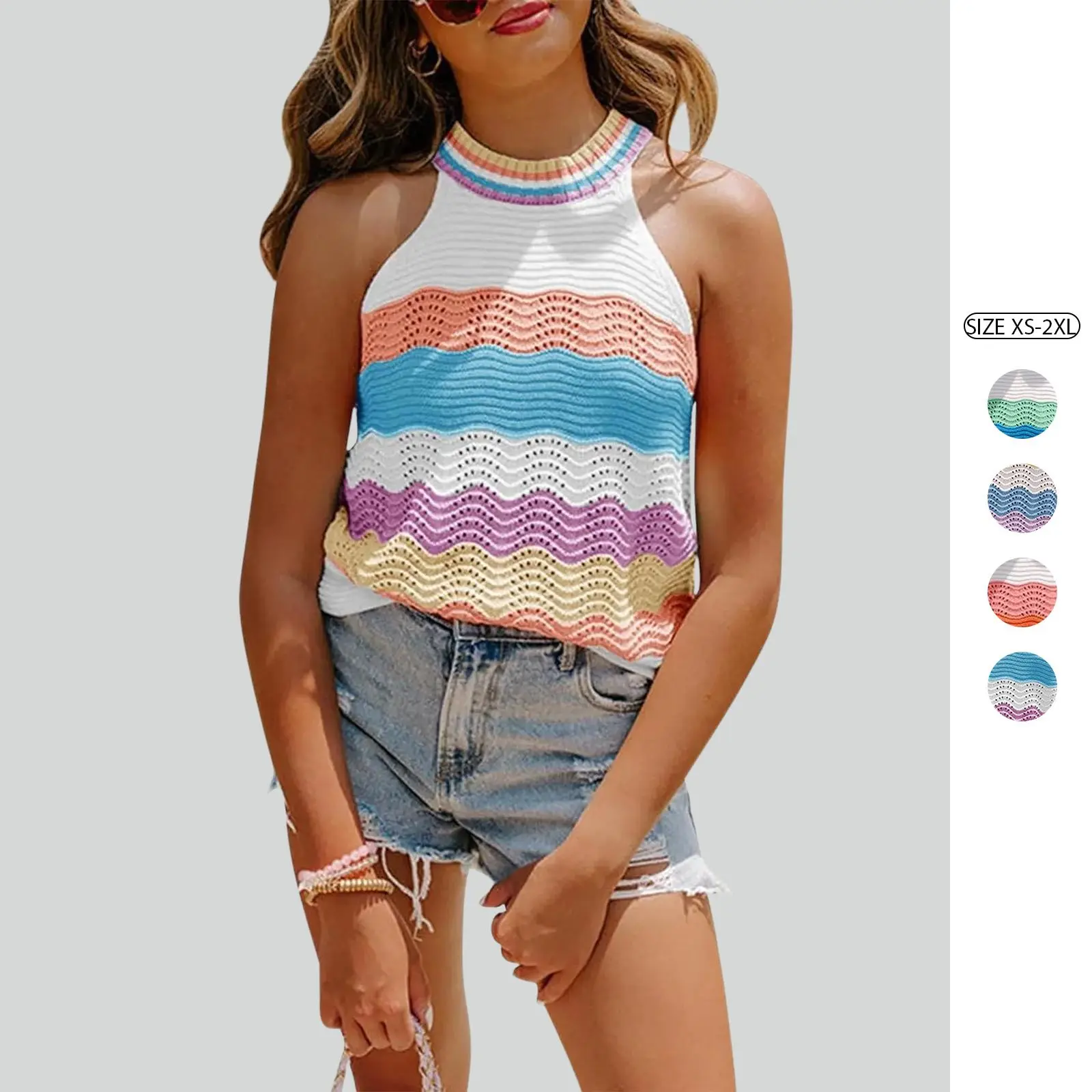 Imily Bela Women’s Halter Neck Sweater Vest Color Block Sleeveless Loose Knit Tank Top