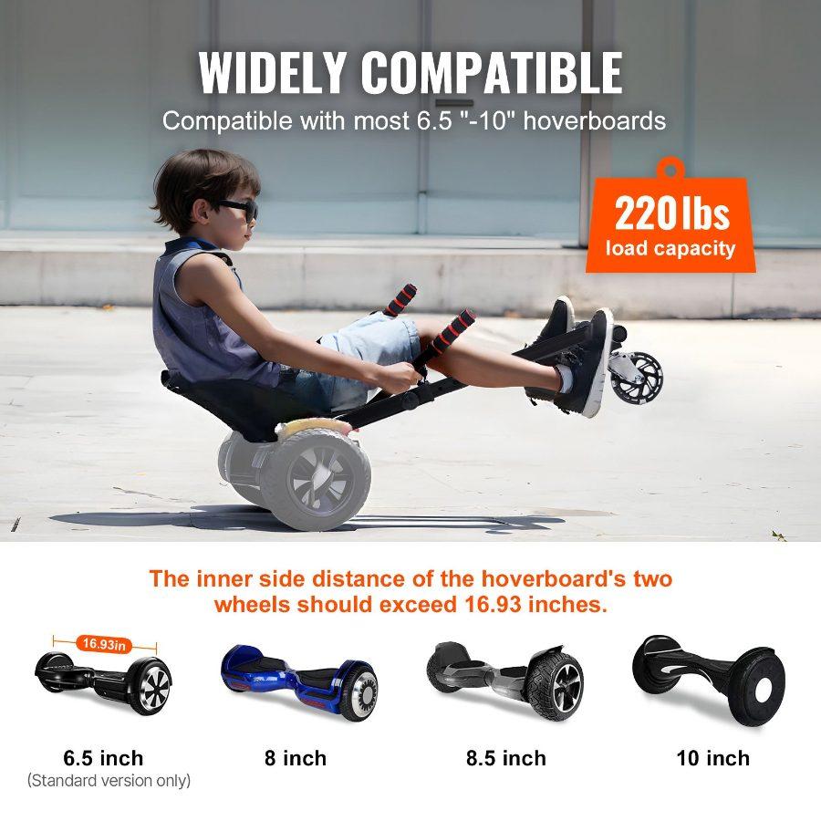 VEVOR Hoverboard Seat Attachment(Not included hoverboards), for 6.5 8 8.5 10 Hoverboards, with LED Lights, Grips Control, Adjustable Frame Length and 220 LBS Load Capacity, Hover Board Go Karts Accessory, for Kids Adults