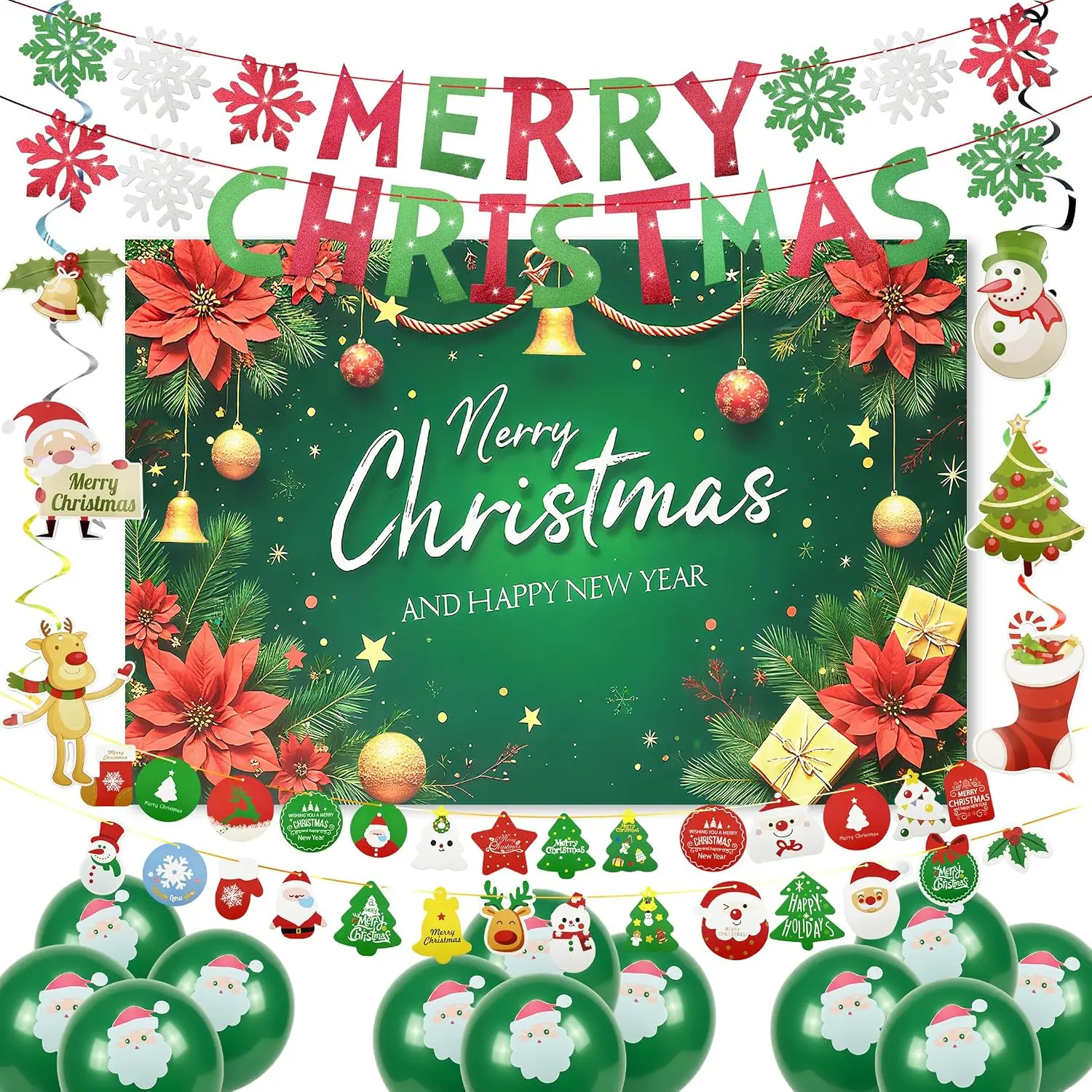 Christmas Party Decoration Set, 44 count Merry Christmas Birthday Party Supplies with Backdrop Banner,Merry Christmas Banner with Red Green Swirls, Decor for Holiday  Indoor Party (Christmas 2)