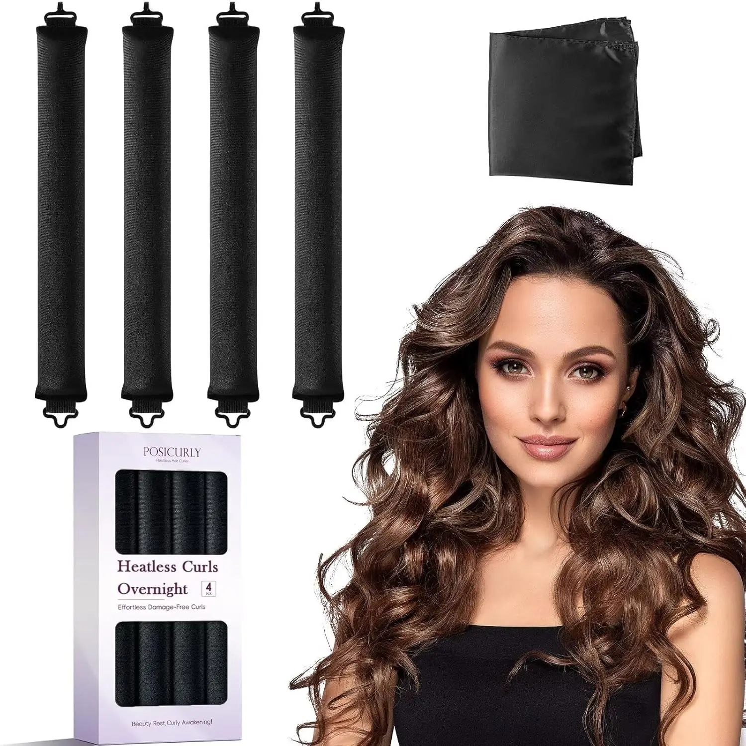 4 Pcs Overnight Heatless Hair Curlers, No-Heat Velvet Curling Rods with Satin Wrap, Soft Sleep-In Hair Rollers for Natural Long Lasting Curls