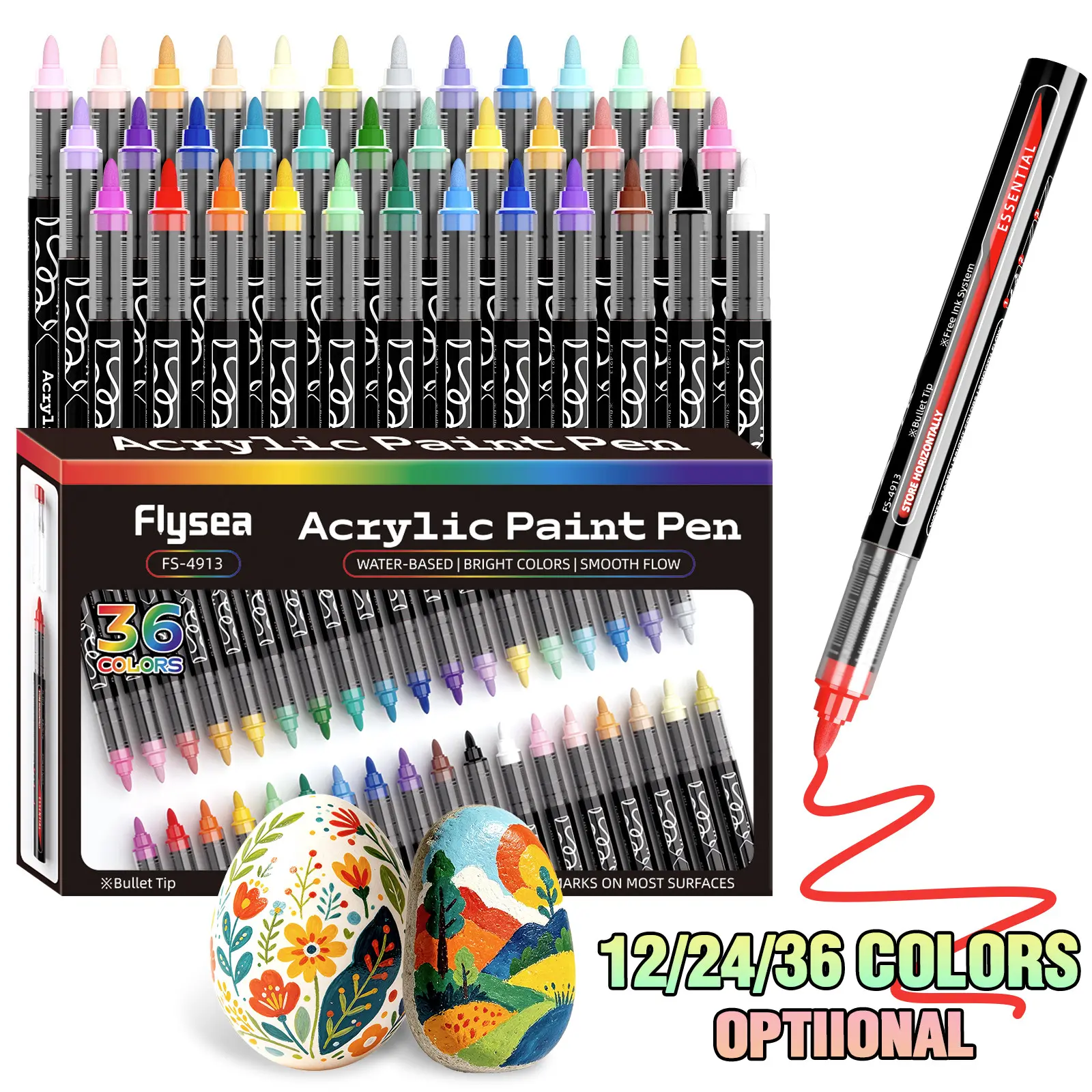 Flysea Acrylic Marker Pens Set, 12-36 Colors, Non-Transparent, Ideal for Rock, Glass, Ceramic, Metal, Wood, Perfect Gift for Students and Office Use