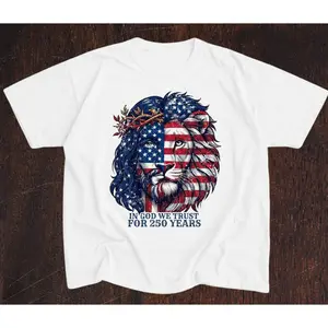 In God We Trust Lion Jesus Patriotic Cotton T-Shirt, Religious 4th of July Comfort Fashion Outfit, USA Faith Graphic Tee, Perfect Independence Day Gift for Him Her