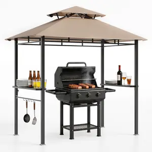 Heavy Duty 8' x 5' Grill Gazebo Canopy – Double-Tier Metal Roof, Awning, 2 Serving Bars, 5 Hooks, Bottle Opener, Ground Stakes – Outdoor BBQ Shelter for Patio, Backyard, Deck