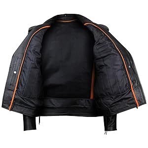 Mens Premium Cowhide Conceal Carry Insulated Liner Side Laces Classic MC Motorcycle Biker Black Leather Jacket