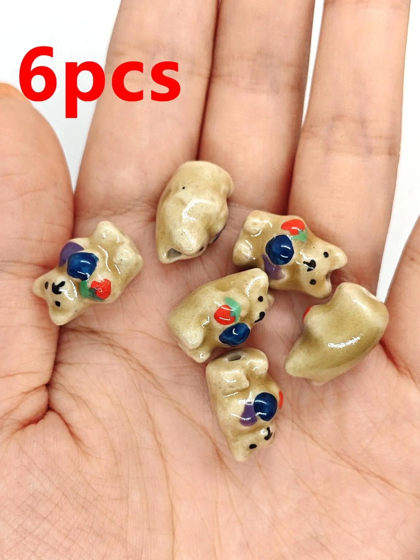 6pcs Cute Bear Ceramic Beads, Fruit Pattern, DIY Jewelry Making, Handmade Craft Supplies, All Seasons Accessory