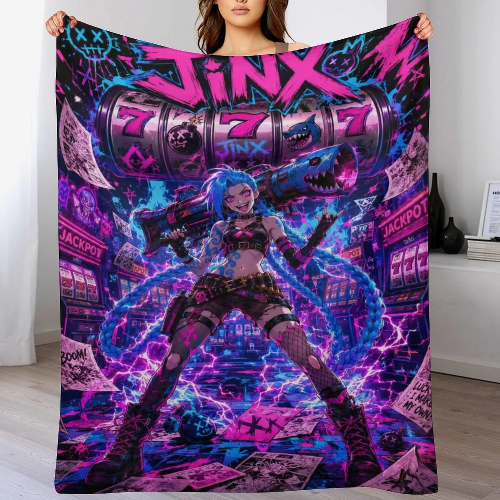 Jinx Girl Cannon Slot Machine Neon Purple Lightning Graffiti Art Flannel Soft Throw Blanket - Warm Home Decor for Sofa, Bedroom