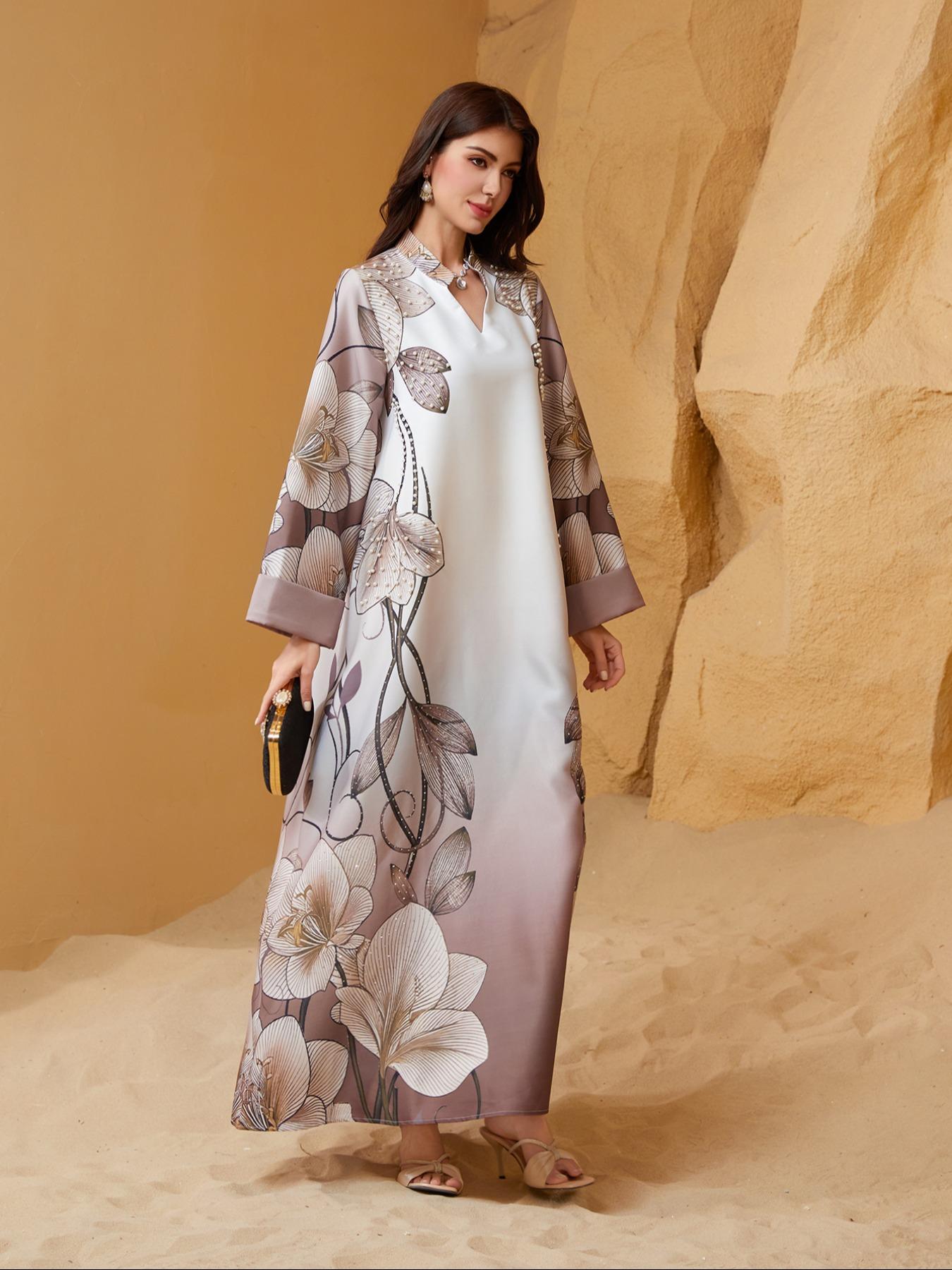 Women's Floral Pattern Long Dress, Floral Print Abaya, Elegant Modesty Long Sleeve Maxi Arabic Clothing, Ladies Islamic Clothing for Daily Wear