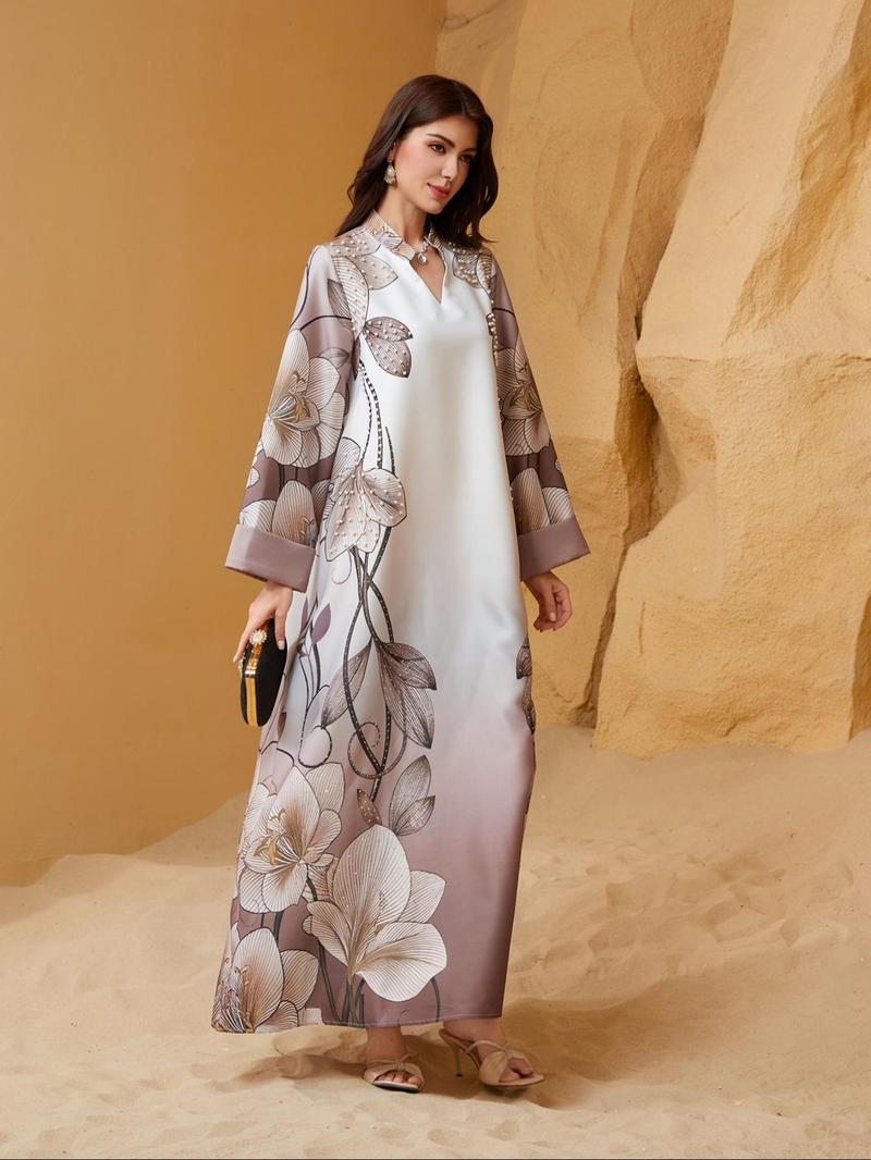 Women's Floral Pattern Long Dress, Floral Print Abaya, Elegant Modesty Long Sleeve Maxi Arabic Clothing, Ladies Islamic Clothing for Daily Wear