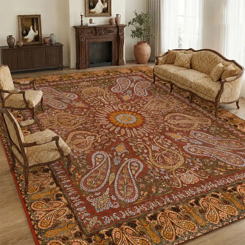 Bohemian Vintage Paisley Area Rug - 7x10 ft, Customized Durable Soft Velvet, Non-Shedding Non-Slip Easy-Clean Floor Mat, Boho Pattern Area Rugs with Multicolor Red & Gold Florals for Living Room, Bedroom (Versatile Size Options Available), Indoor