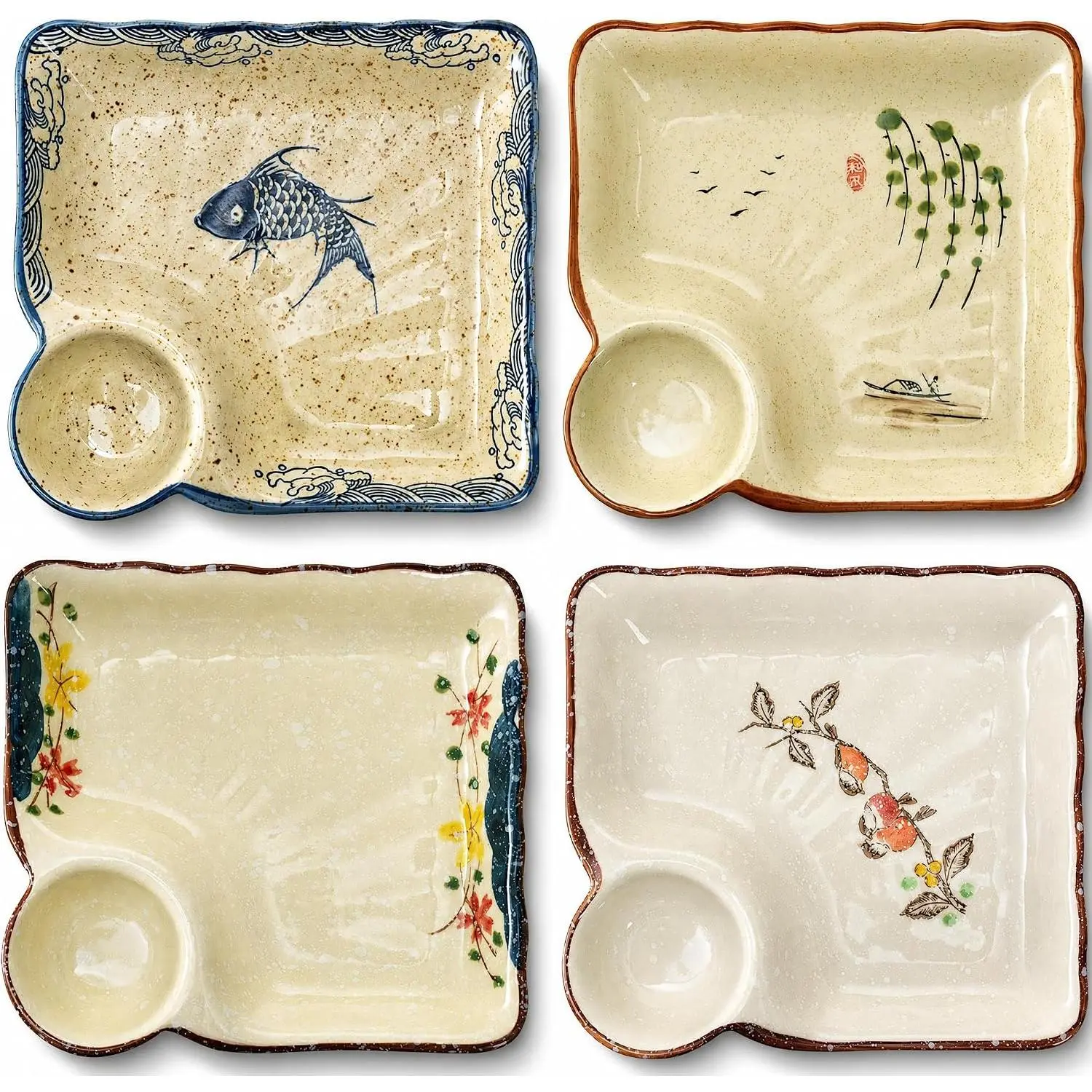 4 Pack Ceramic Dumpling Plate with Dipping Saucer, 7.3 Inch Japanese Sushi Platter, Chip and Dip Plate, Divided Snack Serving Dish for Appetizer, Charcuterie, Dessert, Salad, Entertainment