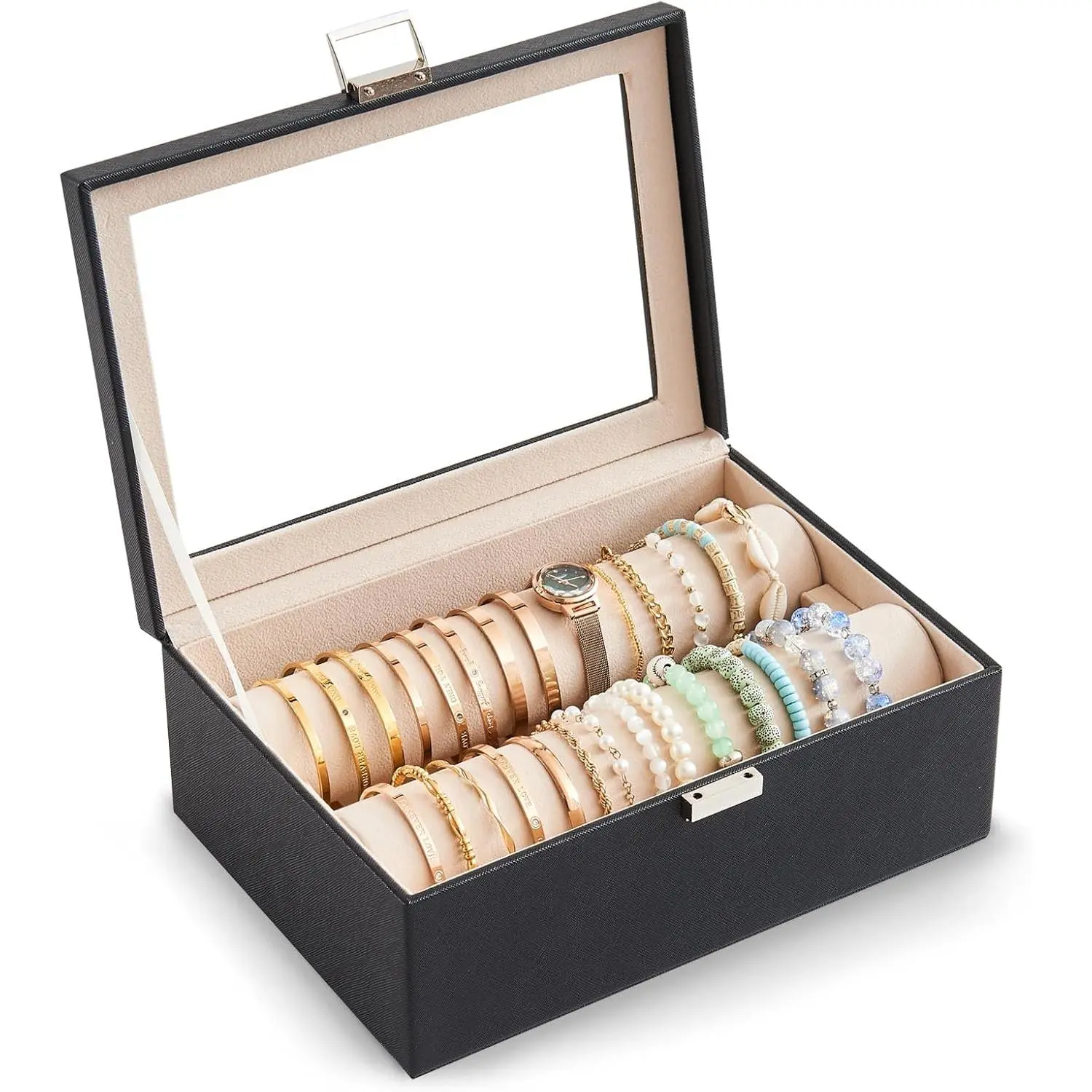 Bracelet Display Holder with Rods for Bangles Watches, Clear Lid Jewelry Organizer Box Storage Case for Women Girls -Black, 2 Rolls