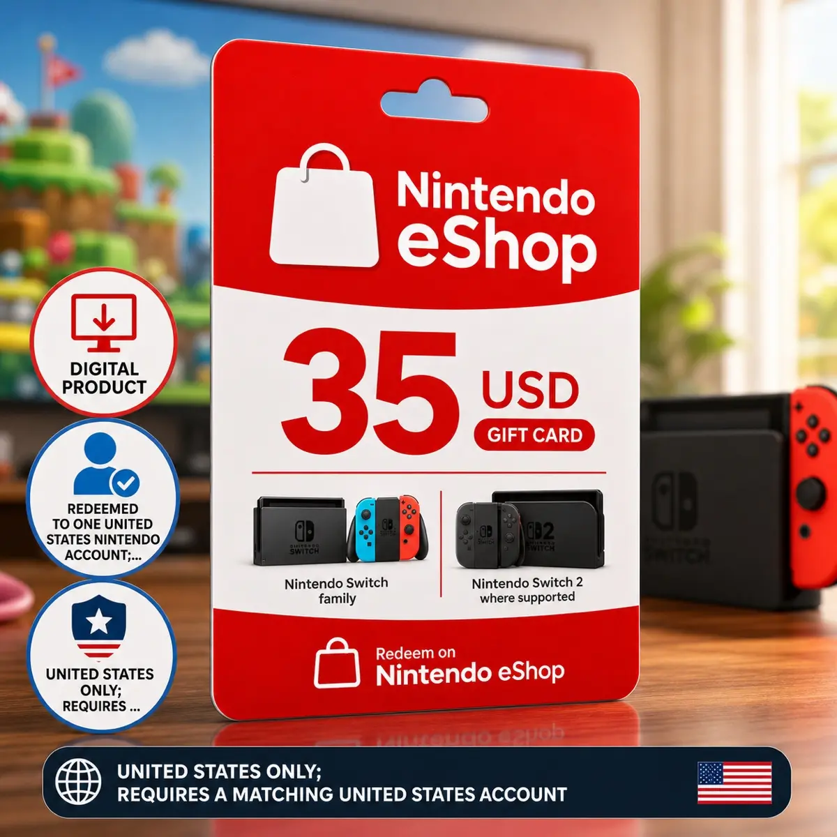 Nintendo eShop Card 35 USD Digital Code — United States, Gift Card, Nintendo Switch family and Nintendo Switch 2 where supported, Nintendo eShop, United States