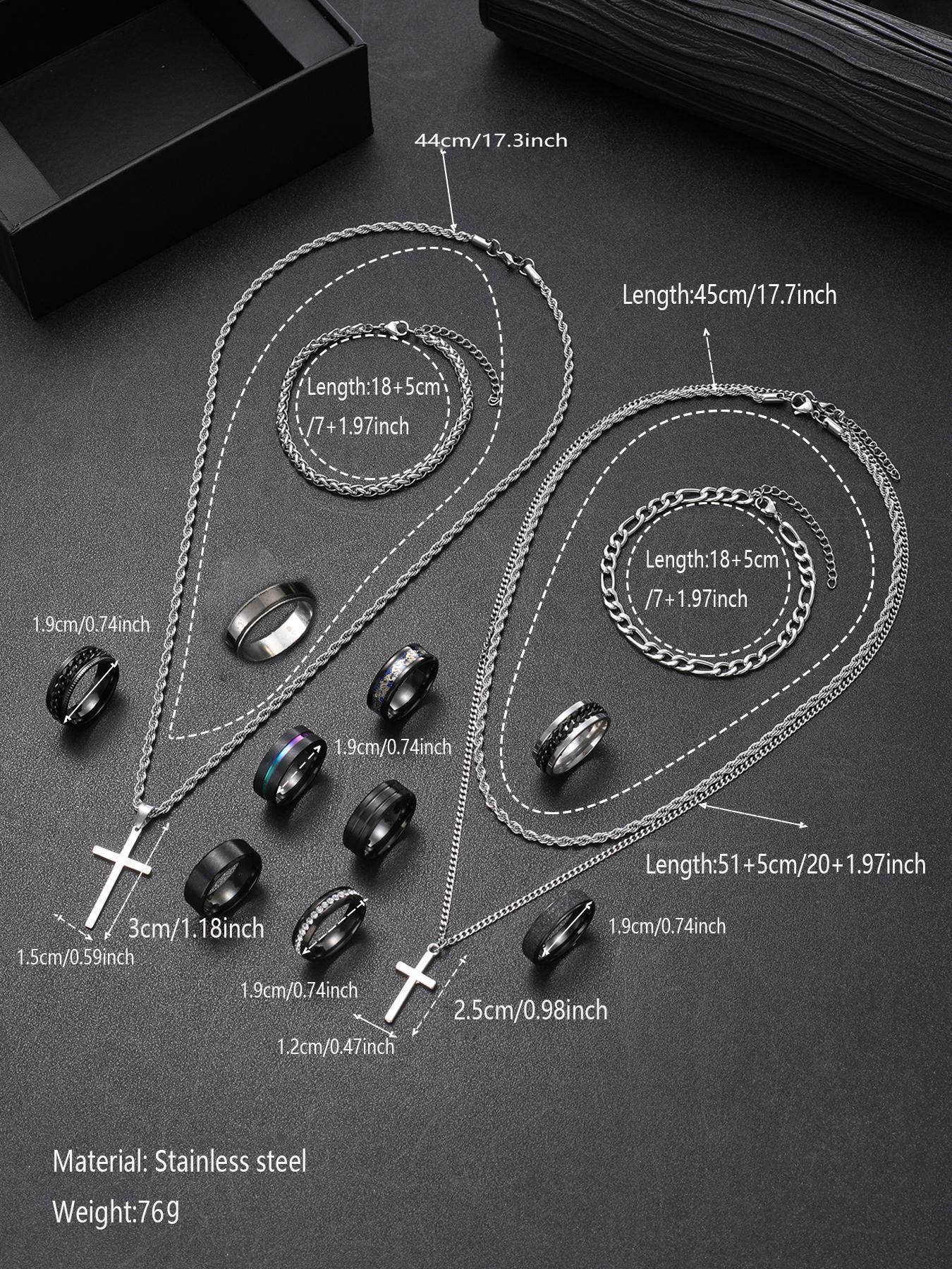 Men's Fashion Jewelry Set, Casual Trendy Cross  Charm Necklace  & Braided Bracelet & Earrings & Rings & Chain Bracelet, Hip Hop Fashion Jewelry Set for Party & Daily Decor