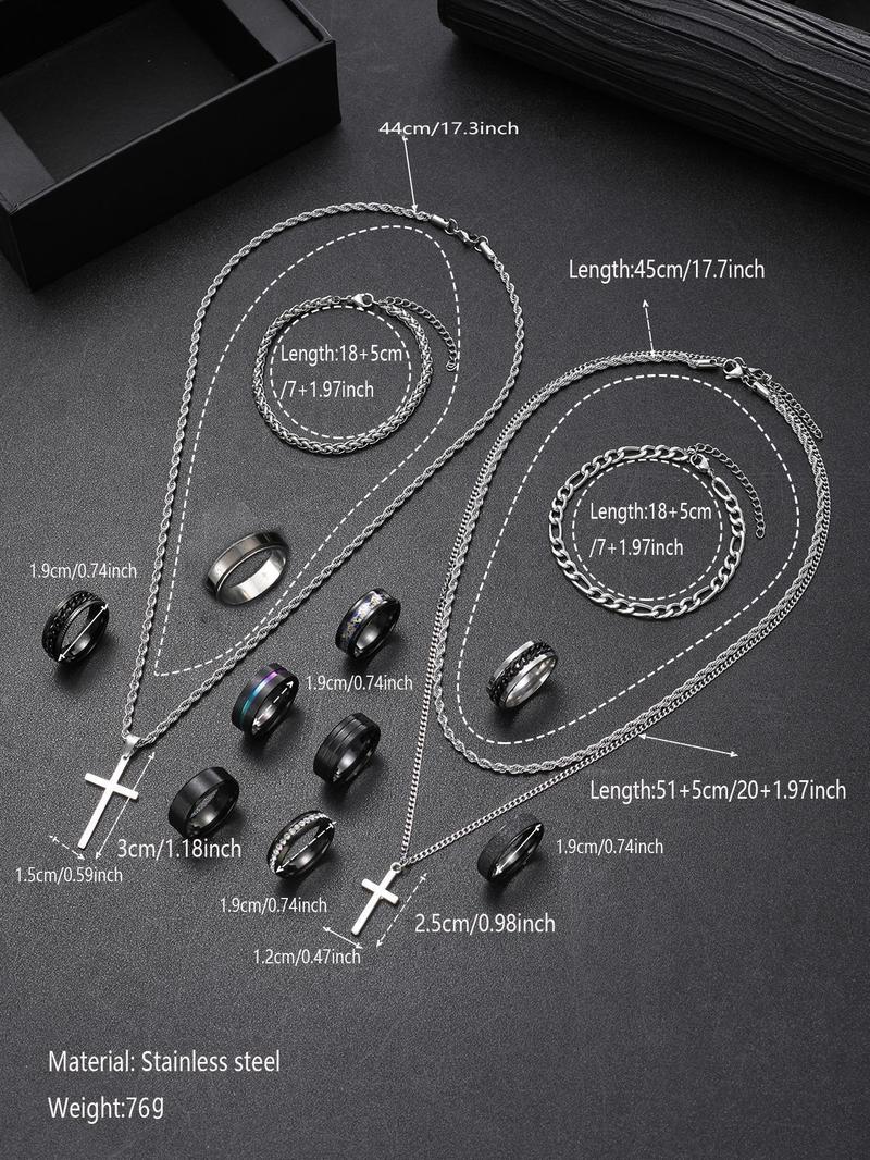 Men's Fashion Jewelry Set, Casual Trendy Cross  Charm Necklace  & Braided Bracelet & Earrings & Rings & Chain Bracelet, Hip Hop Fashion Jewelry Set for Party & Daily Decor