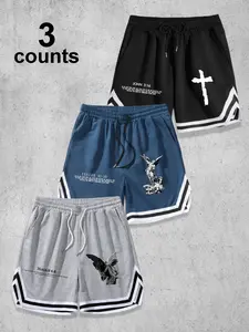 Men's Cross Angel Bible Verse Stripe Drawstring Basketball Shorts Set, American Christian Retro Loose Fit Sporty Casual Pants