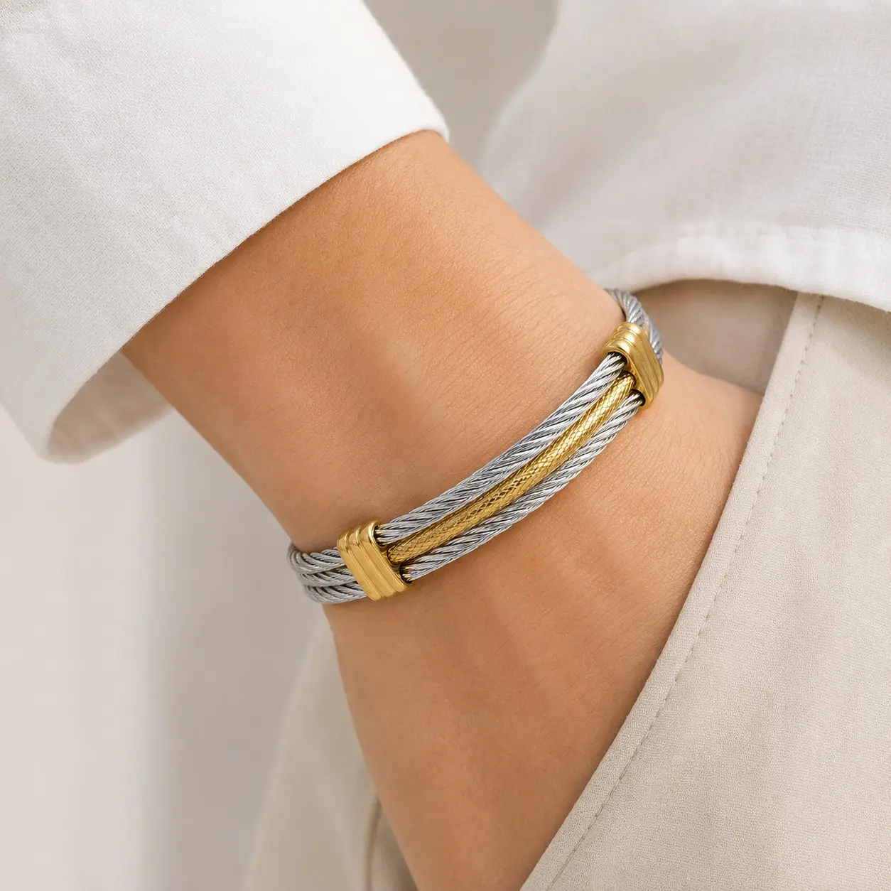 2-Tone Titanium Steel Cable Cuff Bracelet - Silver & Gold Multi-Strand Adjustable Open Modern Mixed-Metal Costume Jewelry for Bracelet & Bangle Enthusiasts