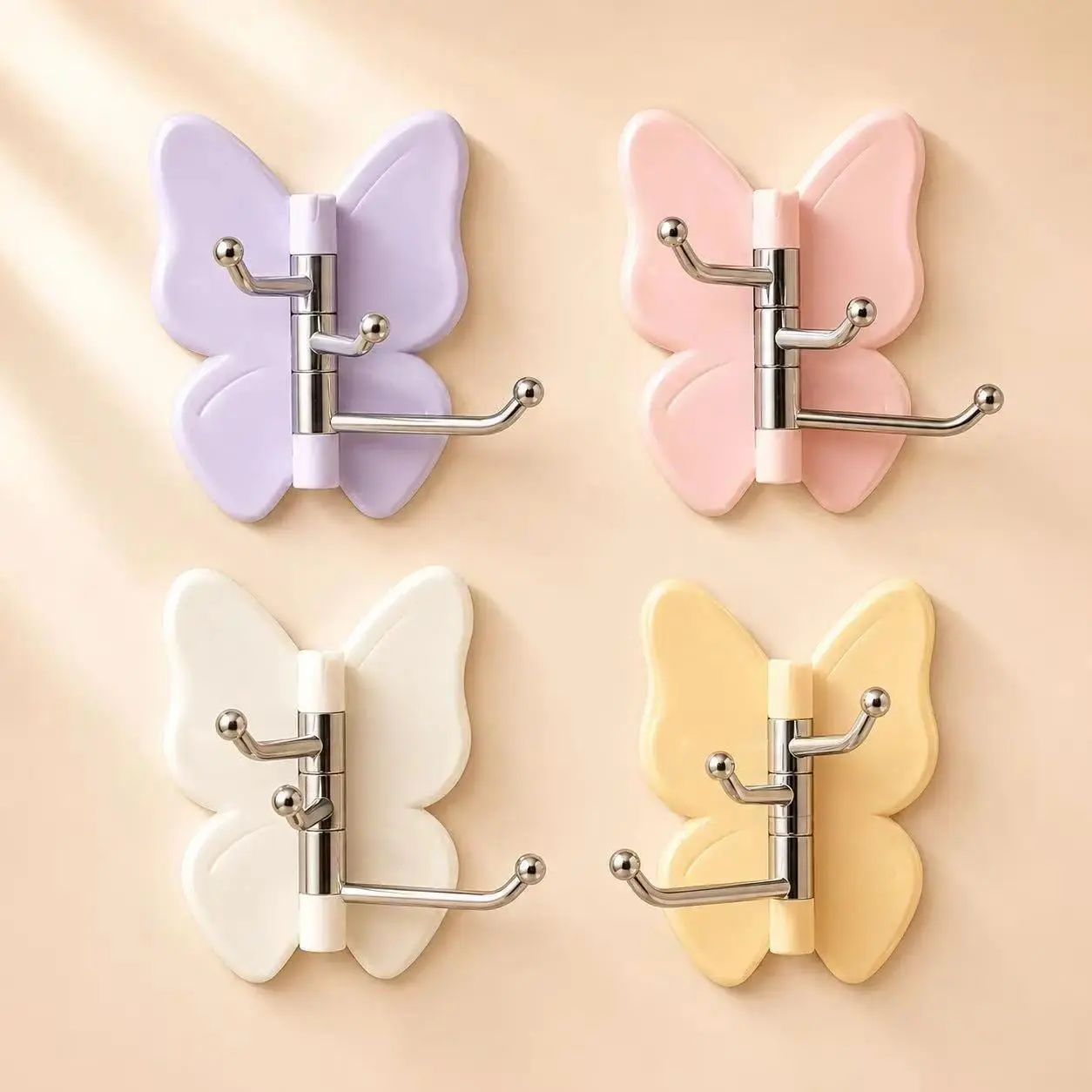 4-Pack Universal Adjustable Rotating Butterfly Adhesive Hooks, No-Drill Home Organization Wall Organizer for Bathroom, Casual Towels, Bags, Hats, Keys, Cute, Kitchen, Adhesive Tape, Fashion, Funky, Polyester, Wall Storage