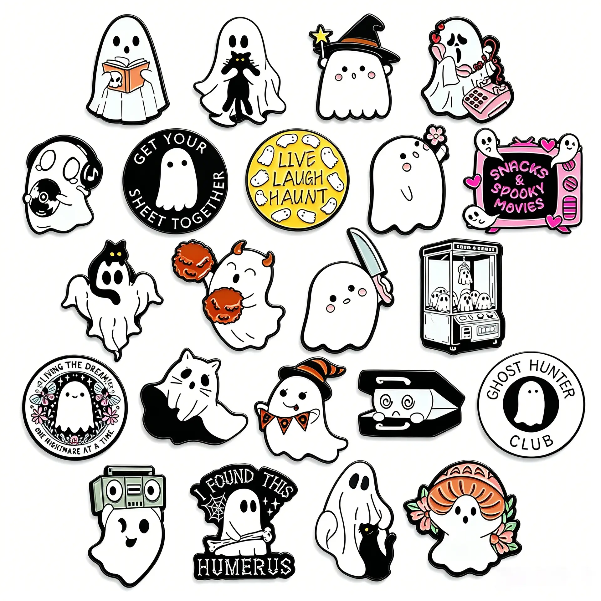 Halloween Cute Ghost Brooch Set, Spooky Mini Metal Enamel Pins, Decorative Lapel Pin Accessories, Versatile Ornaments For Clothing Jackets Backpack Handbags, Kawaii Ghost Badge Kit, Holiday Fashion Accessory For Teens Girls, Halloween Party Outfit Matchin