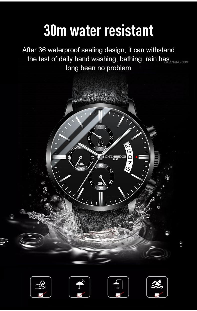 Men's Luxury Black Chronograph Quartz Watch - Leather Strap Wristwatch with Date, Multi-Function Subdials, Luminous Hands, Business Casual Dress Watch, Perfect Gift for Him