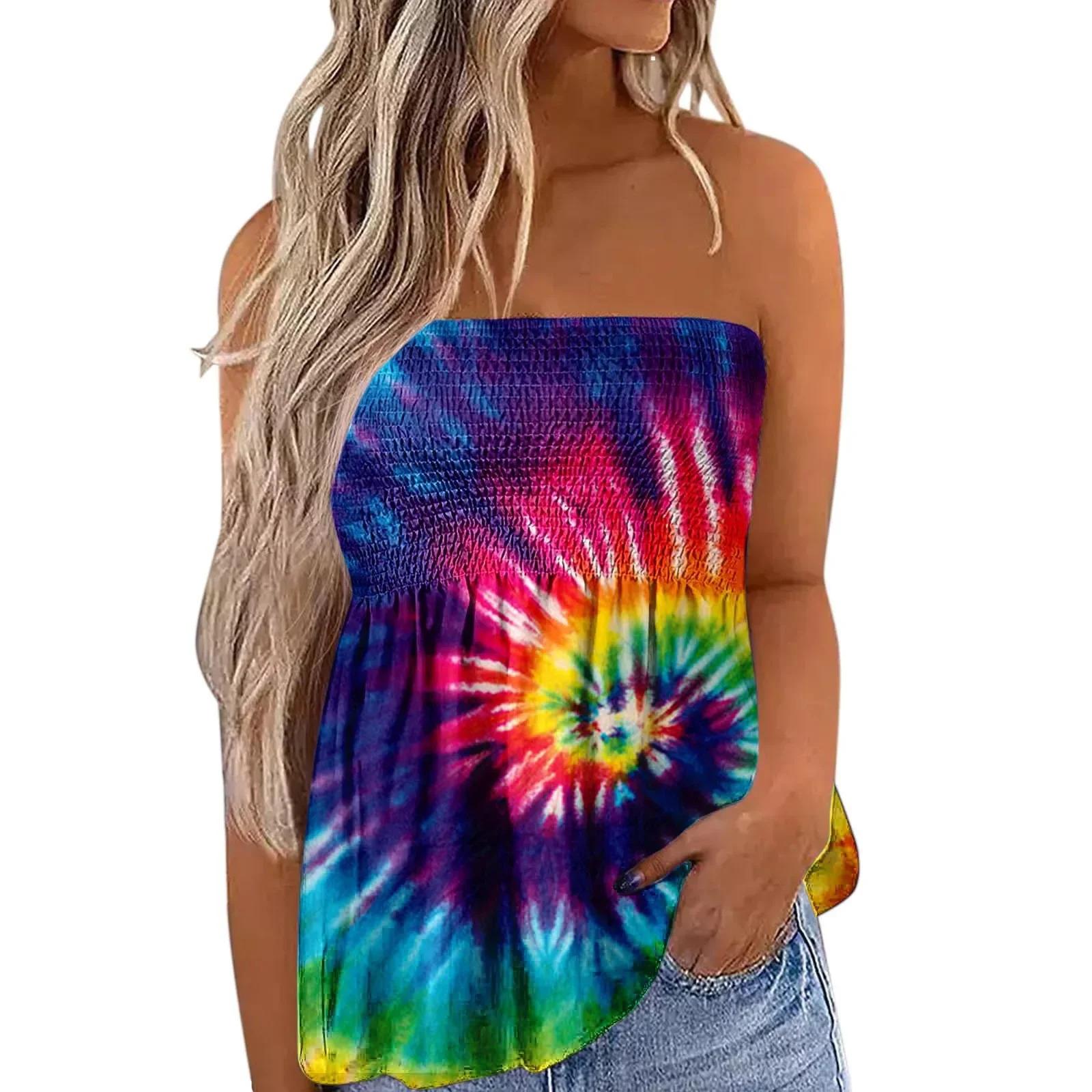 2025 New Women's Fashion Clothing Independence Day Printed Tube Top T-shirt for Women Flowy Strapless Tube Top Blouse