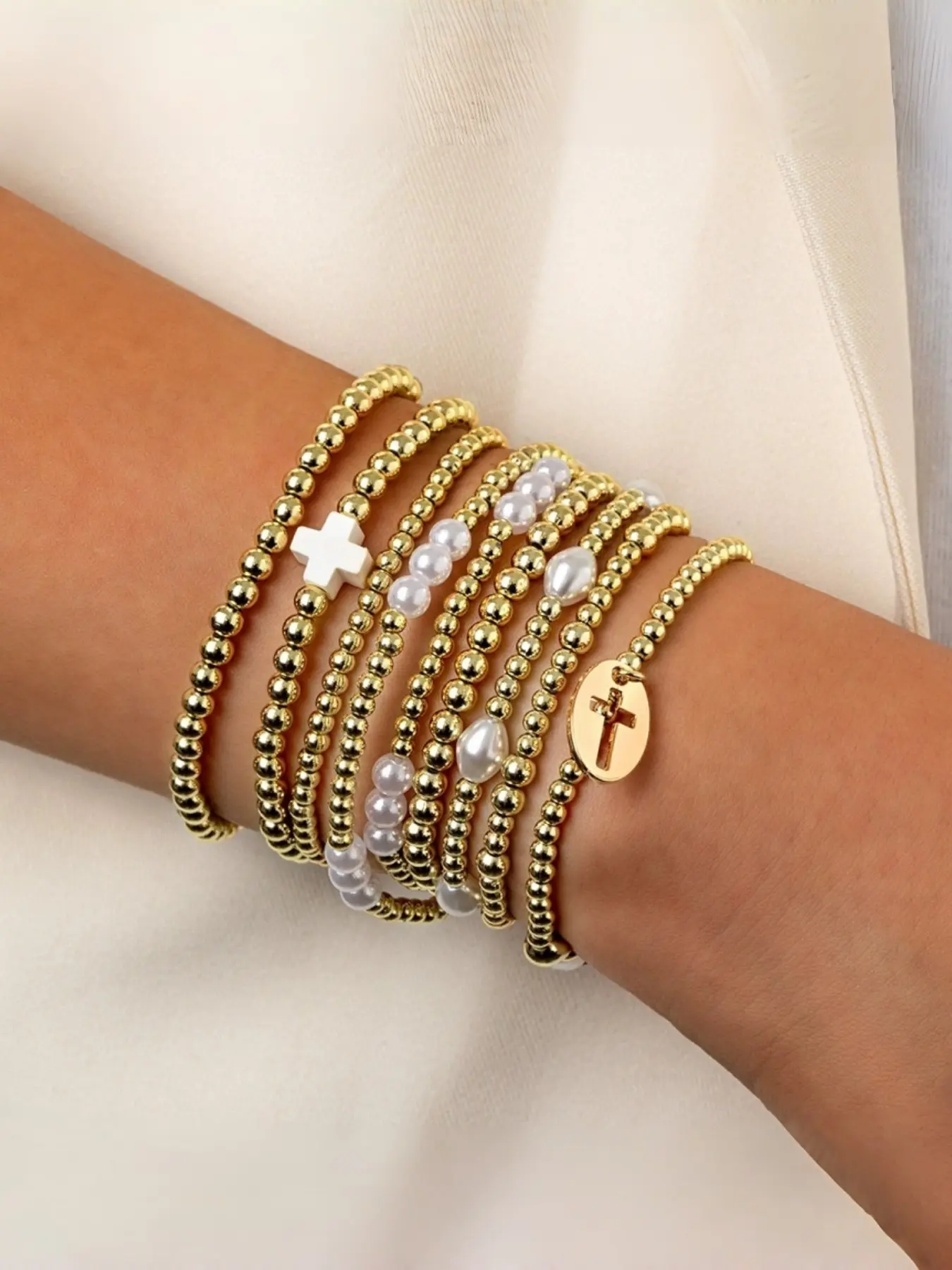 9pcs CCB Faux Pearl Bracelet Set, Cross Multi-Layer Stackable Bracelet, Women's Daily, Vacation, Party Accessory