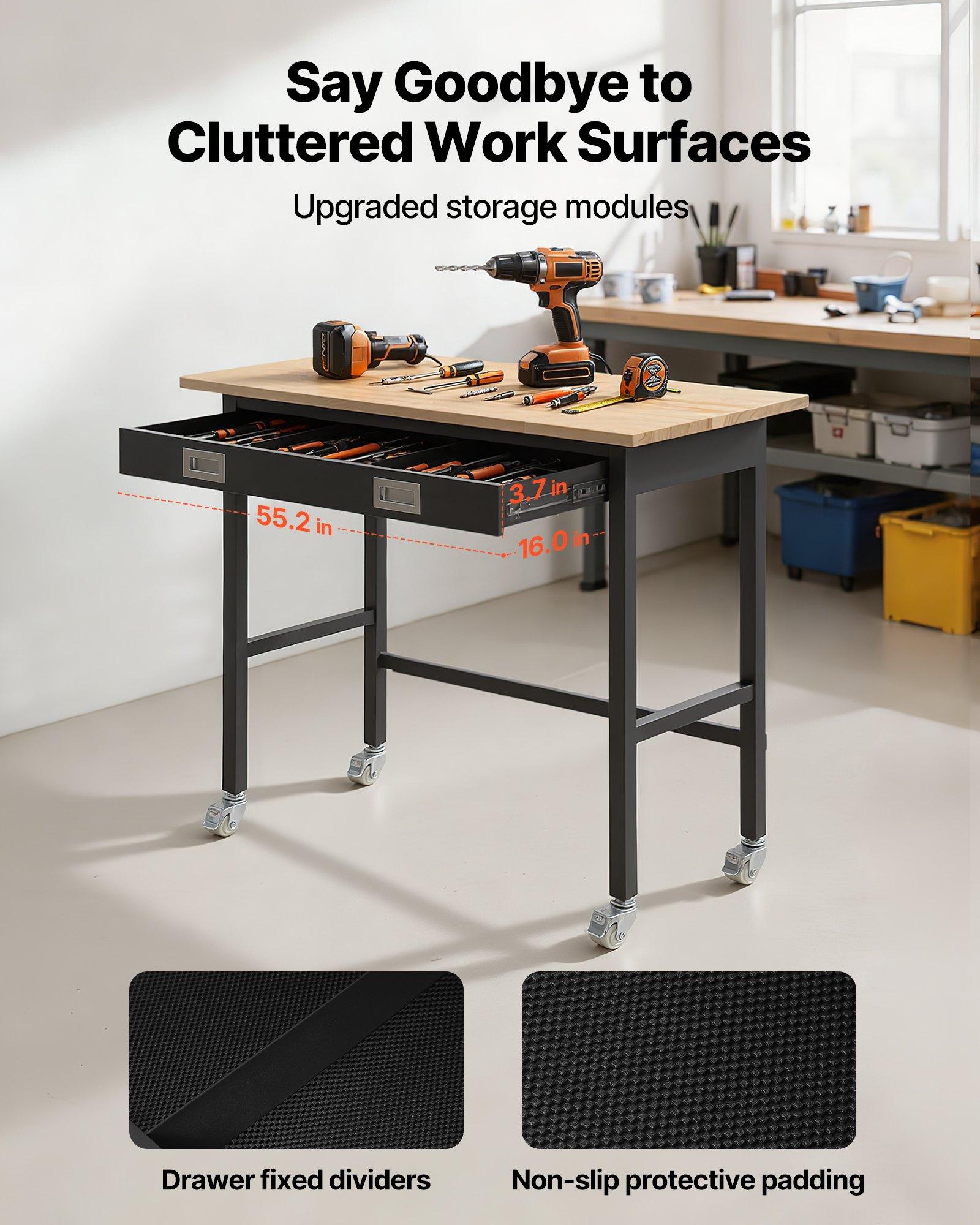 VEVOR 48-inch Workbench, 1500 lbs Load Capacity, Garage Workbench with Drawer Storage & Wheels, Workshop Bench on Wheels, Heavy Duty Oak Wood Top Work Table for Garage, Workshop, Office, and Home