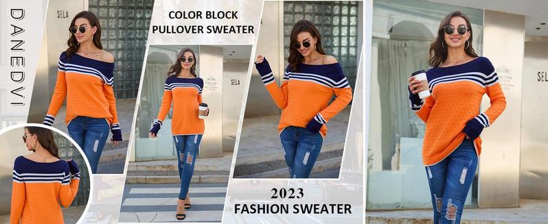 PASLTER Women Autumn Winter Colorblock Pullover Sweaters Round Neck Striped Slim Fitting Knitwear Tops Crewneck Womenswear