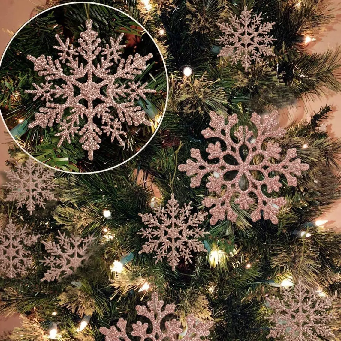36pcs Reusable Shiny Snowflake Ornaments with Lanyards, Mixed Sizes Glitter Snowflakes for Christmas Tree, New Year Party, Winter Wedding Decor