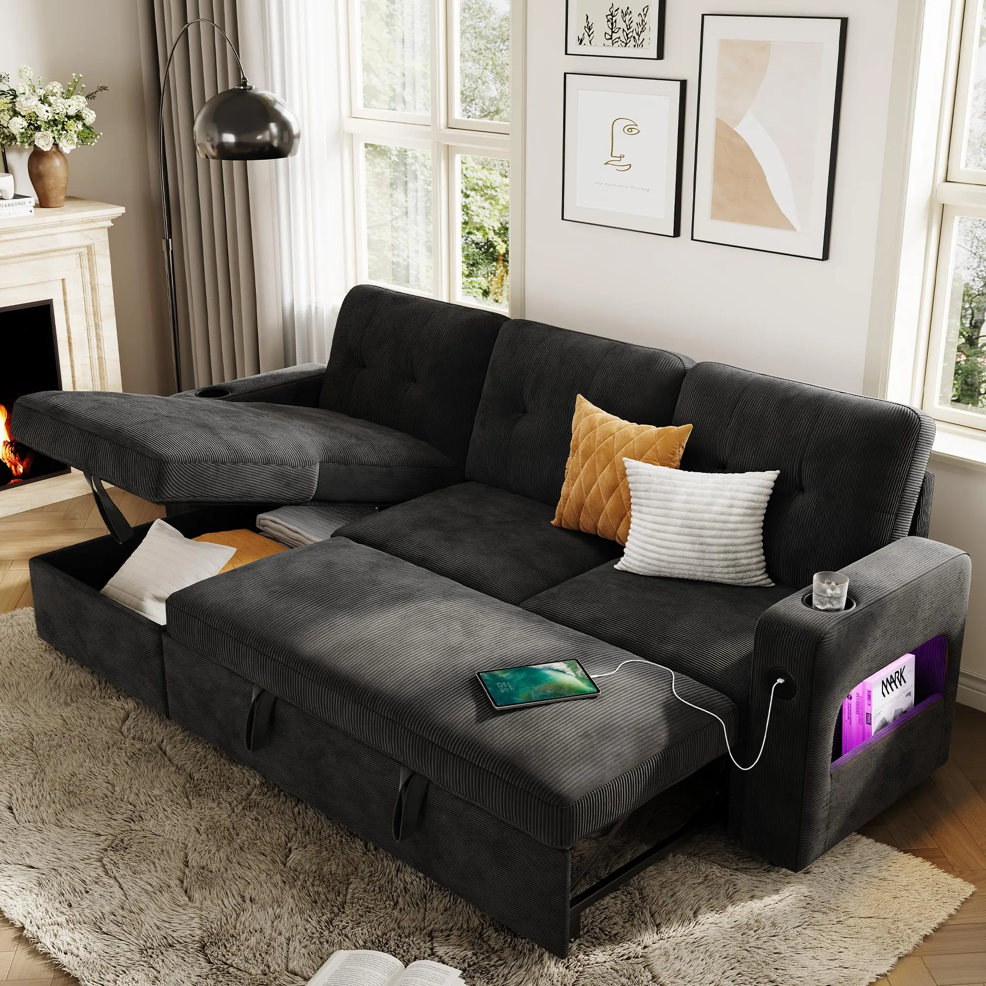 Modern Comfort L-Shaped Sleeper Sofa Bed, 84" Pull-Out Sectional Couch – Storage, Charging Station, LED Lights – Versatile for Living Room or Apartment