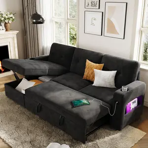 Modern Comfort L-Shaped Sleeper Sofa Bed, 84" Pull-Out Sectional Couch – Storage, Charging Station, LED Lights – Versatile for Living Room or Apartment