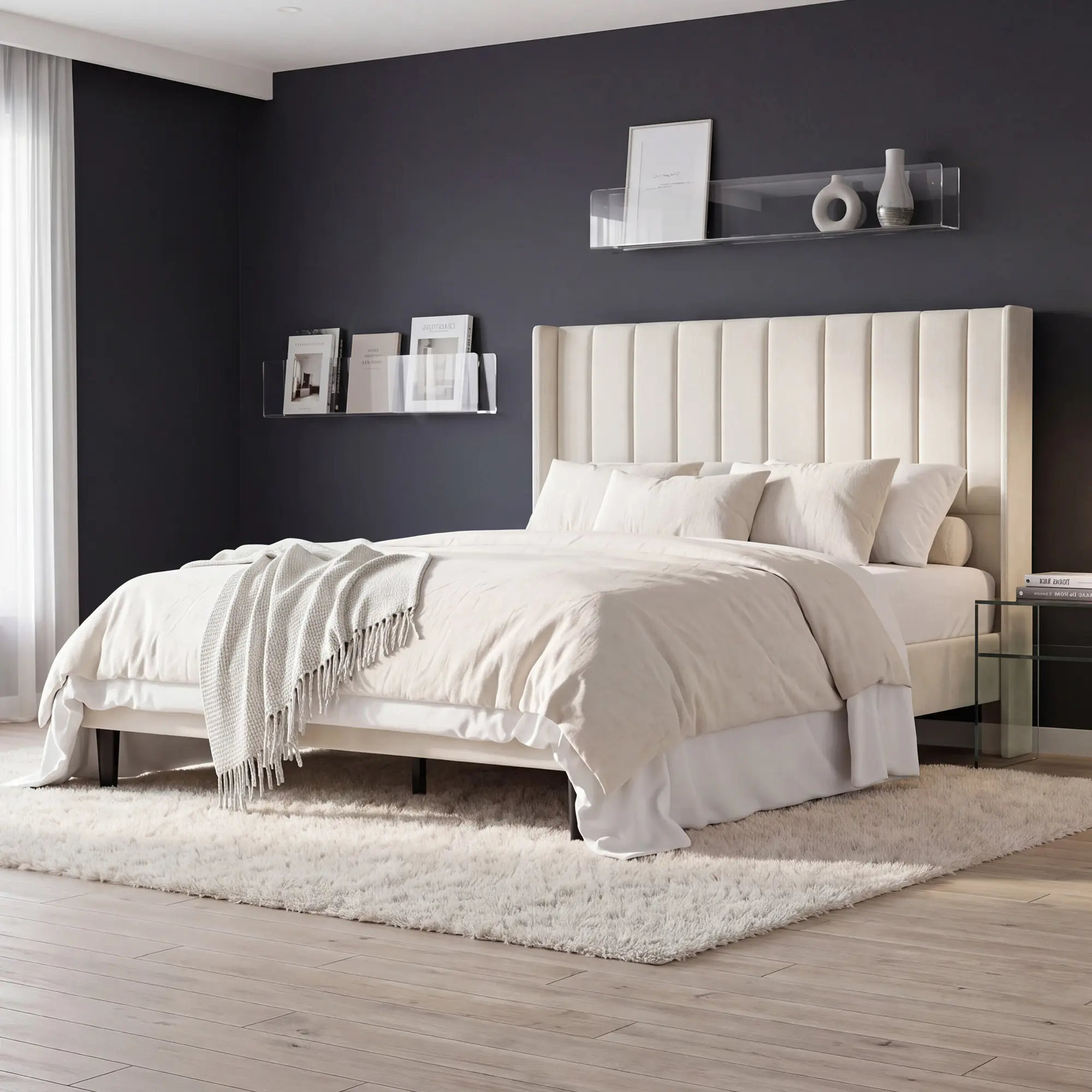 Modern Velvet Bed Frame with 52in Tall Wingback Headboard for Queen King Full Sizes Vertical Tufted No Box Spring Needed Sturdy Furniture