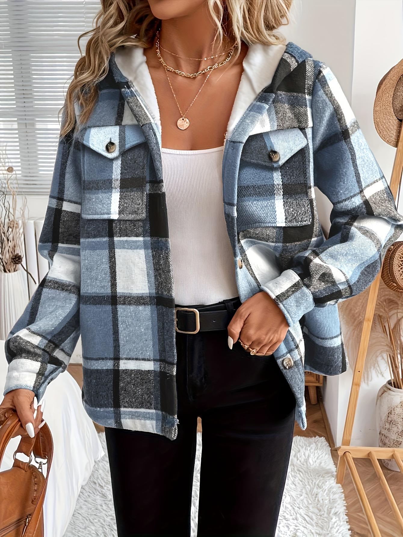 Women's Casual Plaid Hooded Jacket with Fleece Lining 100% Polyester Woven Shirt Button Detail All-Season Warmth Lightweight Outerwear Coats Fitted Khaki Long Sleeve Tops