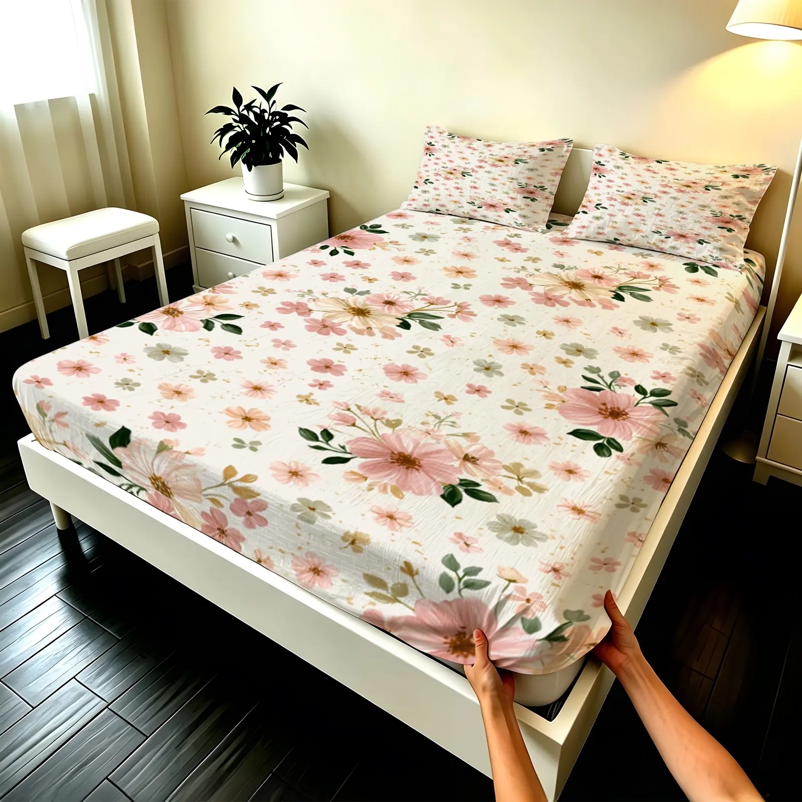 3pcs Fitted sheet Pink Floral Printed Microfiber Bedding Set, Wrinkle Resistant Fade Proof Machine Washable Breathable Soft Deep Pocket Fitted Sheet Set for Bedroom Home, Fit Twin Full Queen King Size
