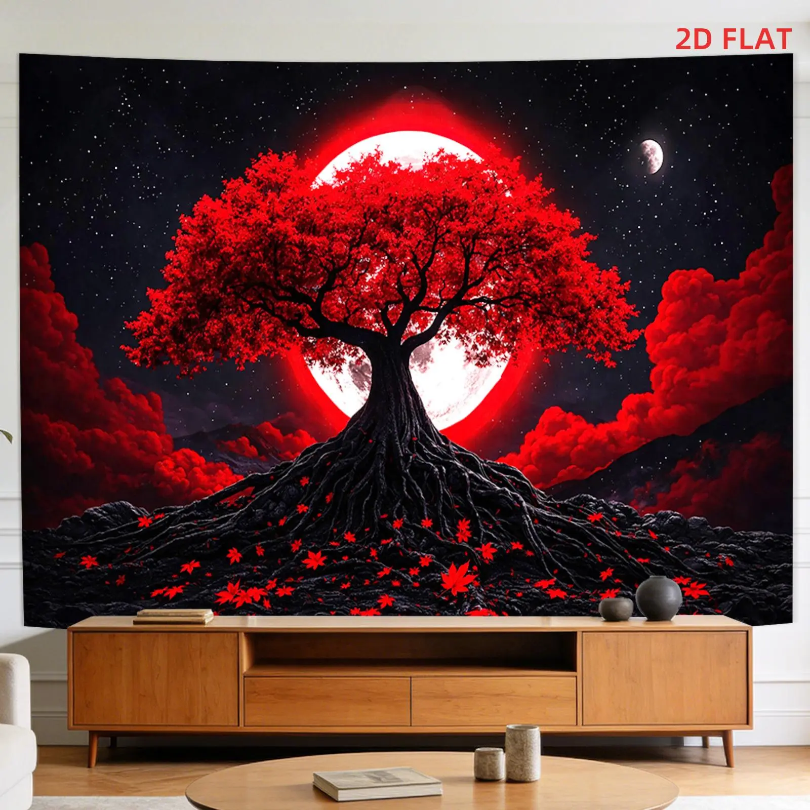 Tapestry Red Moon, a Playful Tree, a Dark Starry Night, a Towering Mountain, And Vivid Red Clouds. It'S Perfect for Decorating Walls in Living Rooms, Meditation Spaces